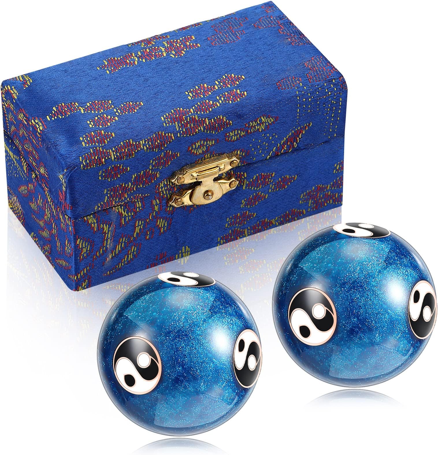 Hiboom 2 Pcs Baoding Balls Chinese Health Massage Exercise Stress Balls for Adults with Gift Box 1.46 Inches Hand Relief Exercise Ball Yin Yang Design Natural Enamel Cloisonne Craft (Blue)