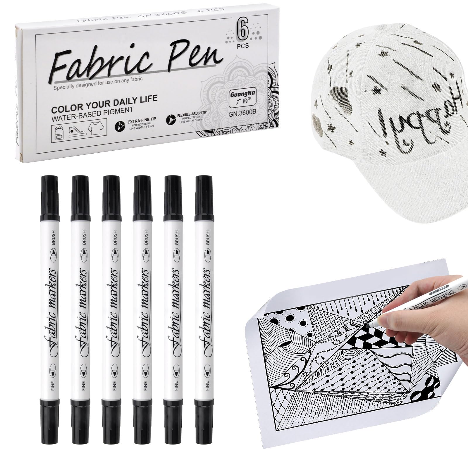 HENGBIRD Juego de 6 Rotulador Textil Permanente, 1-5mm Rotuladores Doble Punta No Tóxicos y Lavable Marcadores para DIY Pintura Tela Ropa Zapatos Sombrero Bolsa de Lona Camisetas (Negro)