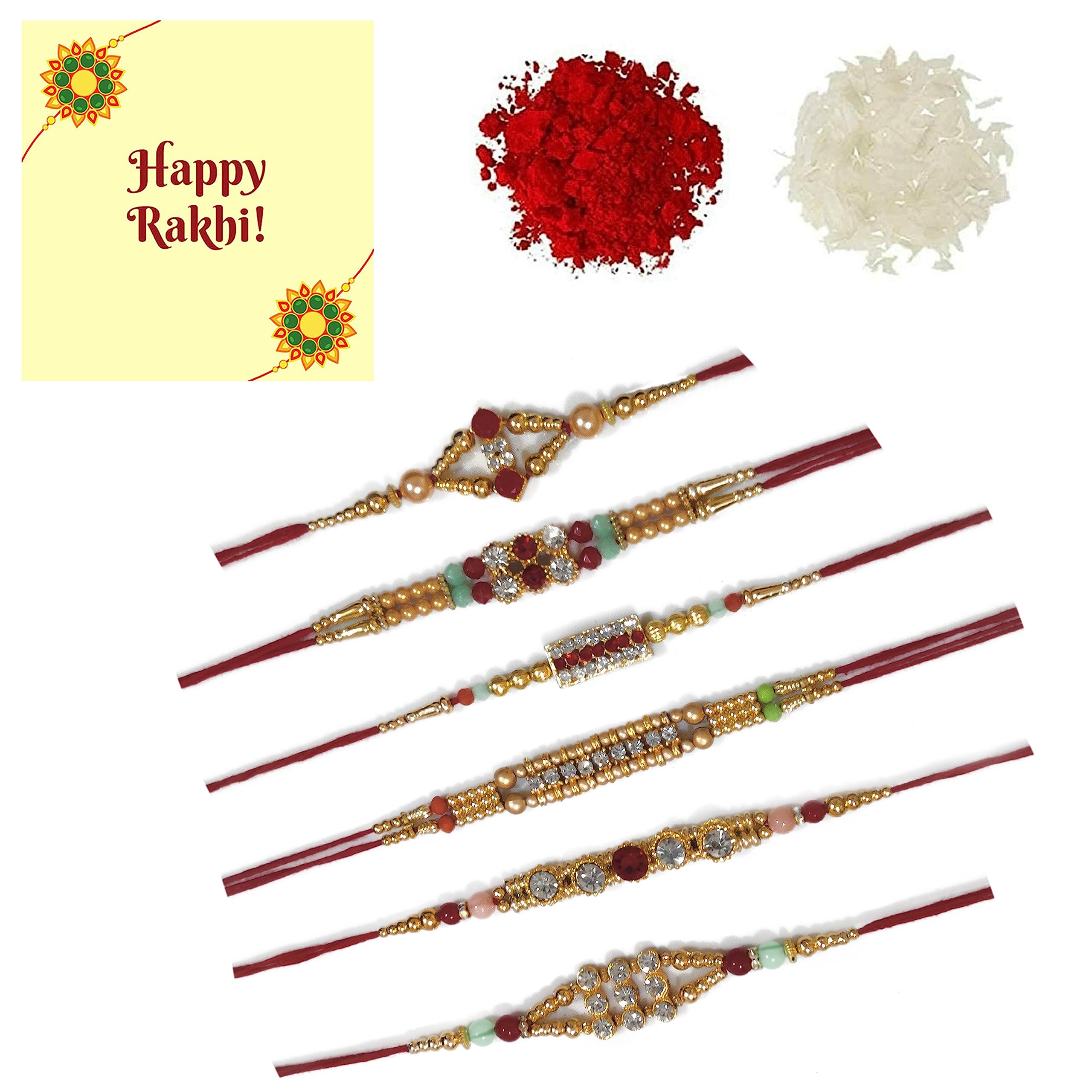 DMS RETAIL Rakshabandhan Pearl Kundan Rakhi Set of 6 for Brother Bhabhi Kids with Greeting Card (S6-COMBO4) (B0CC3W22T5) Amazon Price History, Amazon Price Tracker