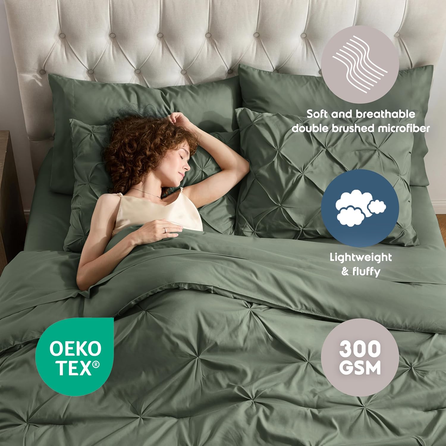 Nestl 9 Piece Queen Comforter Set – Olive Green Pinch Pleated Bed in a Bag – Complete Queen Size Bedding Set with Sheets, Set of 2 Down Alternative Pillows, Pillowcases and Shams
