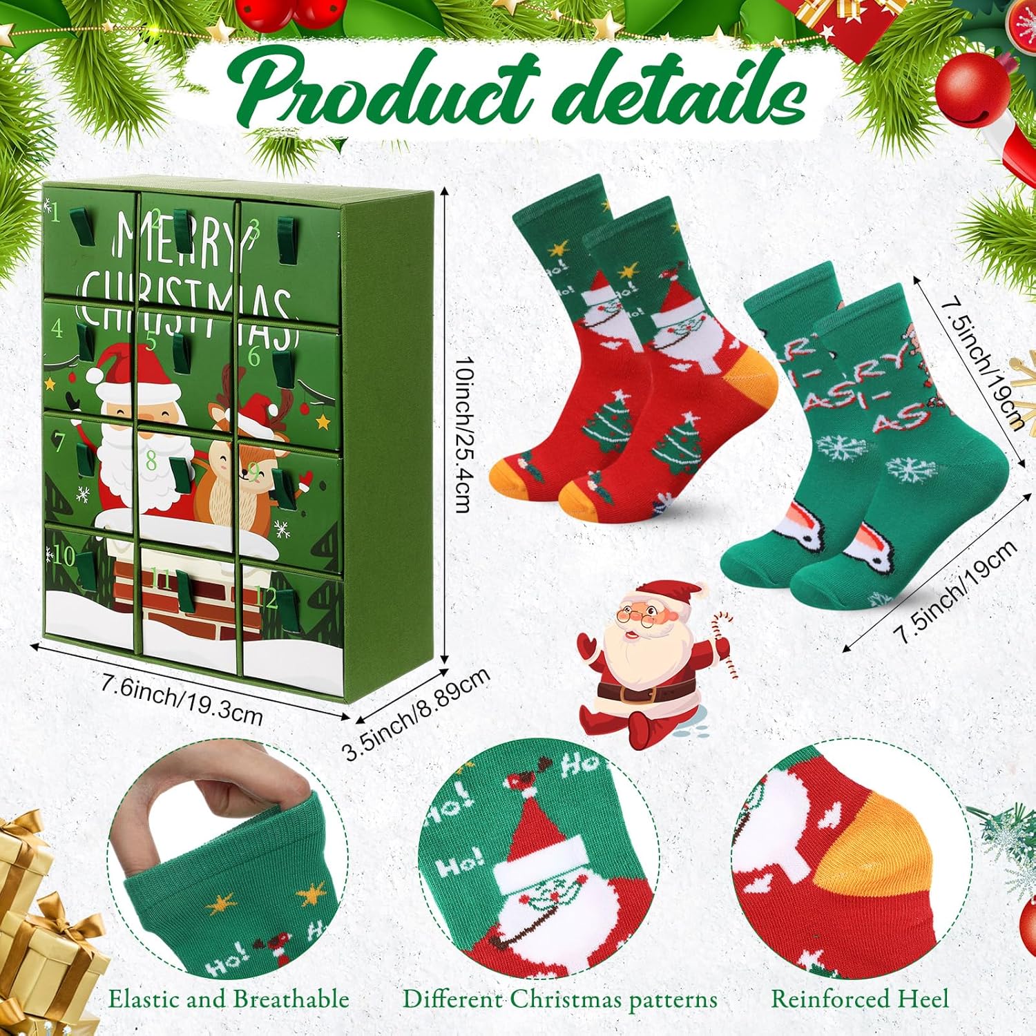Jiuguva 12 Day Christmas Socks Advent Calendar 2025, 12 Pairs Christmas Sock Countdown Blind Gift Box for Men Women, Unisex Holiday Socks for Xmas Party Favors Stocking Stuffers(Santa and Reindeer) - Image 4