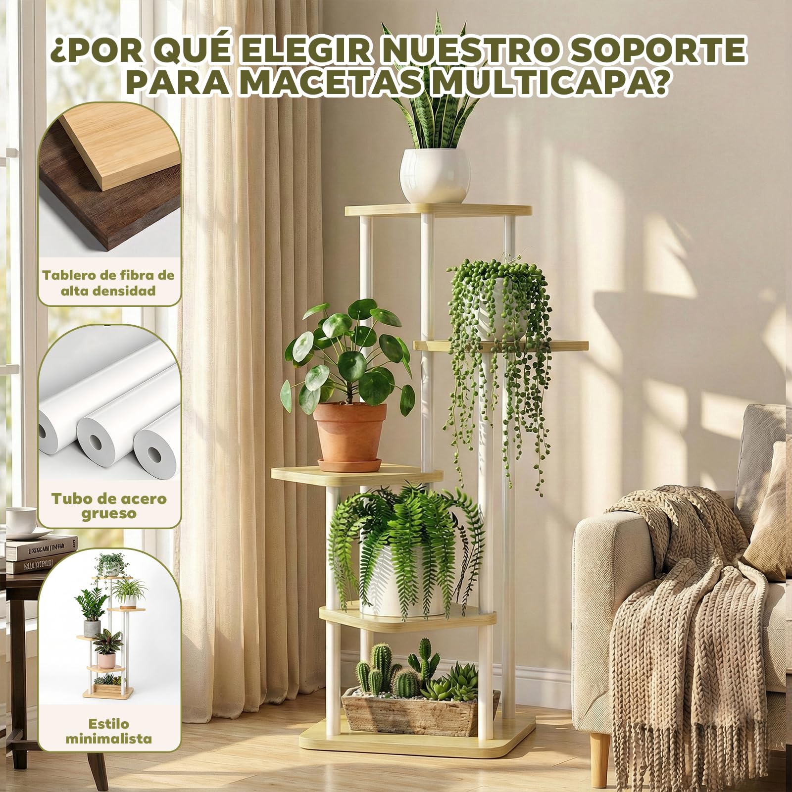 Ribech Soporte para Plantas de Interior Estante para Plantas 5 Niveles, Soporte de Flores de Metal para Interior/Exterior, Jardineras para Balcón Salón, Blanco — view 2