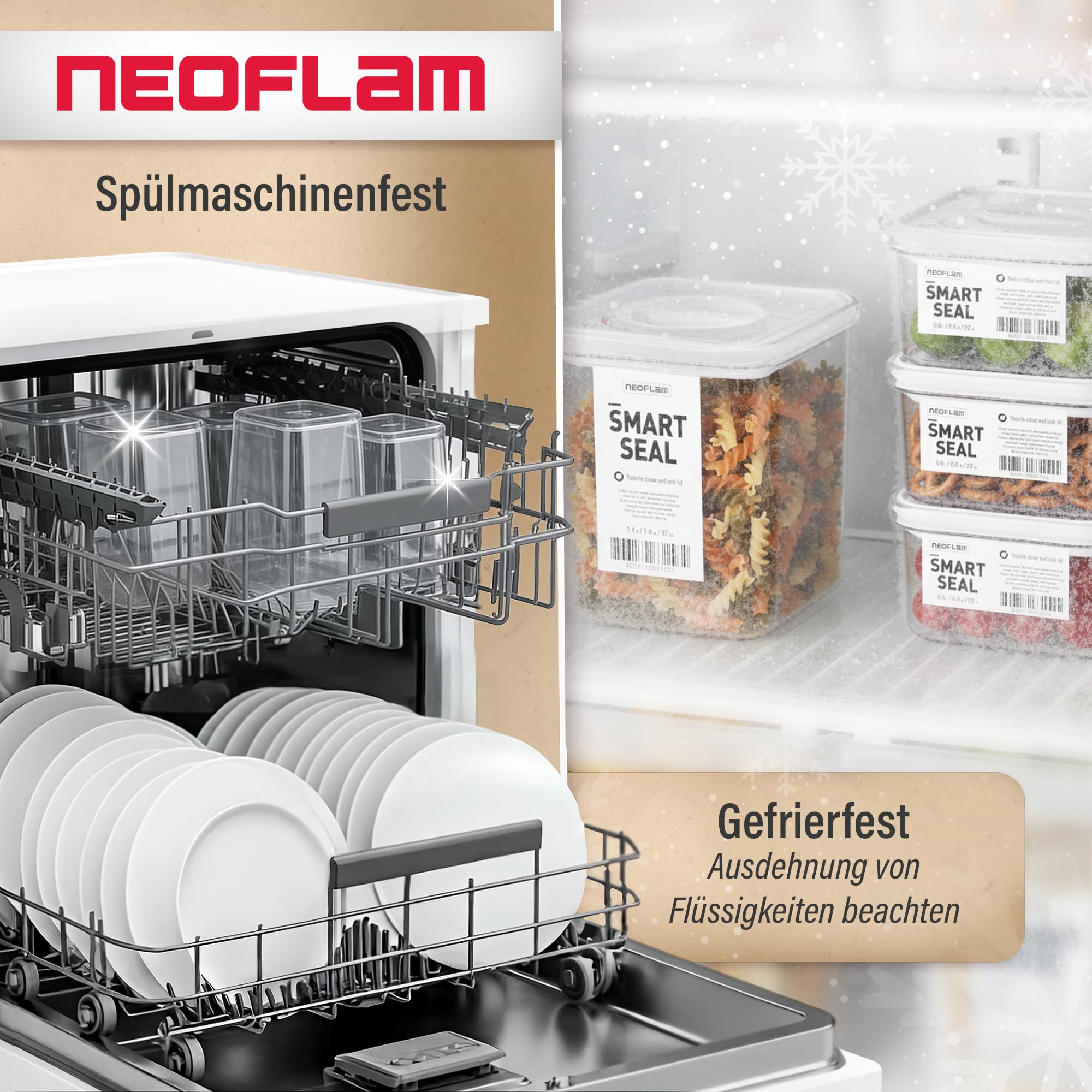 Neoflam® Set di 4 contenitori ermetici con coperchio e chiusura a vite con una sola mano, senza BPA, contenitori salvafreschezza per la conservazione degli alimenti, coperchio trasparente, ciascuno da