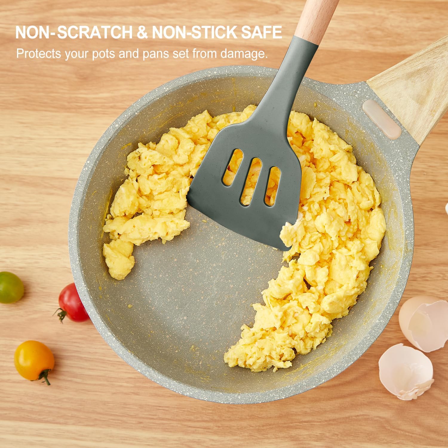 Kitchen Utensils Set - 34 PCS Non-Stick Silicone Cooking Utensils Set Spatula Set with Holder, Wooden Handle Spoon,Brush,Whisk Kitchen Gadgets Tools Set for Nonstick Cookware (Gray-34P) - Image 3