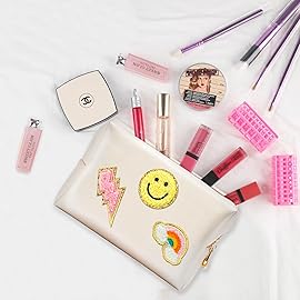 LieToi Preppy Patch Cosmetic Toiletry Bag, PU Leather Portable Waterproof Makeup Bag Smile Lightning Rainbow Organizer Compliant Bag Daily Travel Use Storage Purse for Women Girls (Large, Shell White)