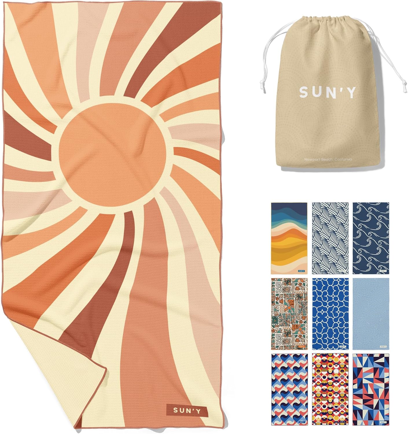 SUN’Y Waffle Microfiber Beach Towel – Sand Free, Quick Dry, Ultra Absorbent, Lightweight & Compact Travel Towel with Carry Bag – Large (63” x 31.5”), Rays