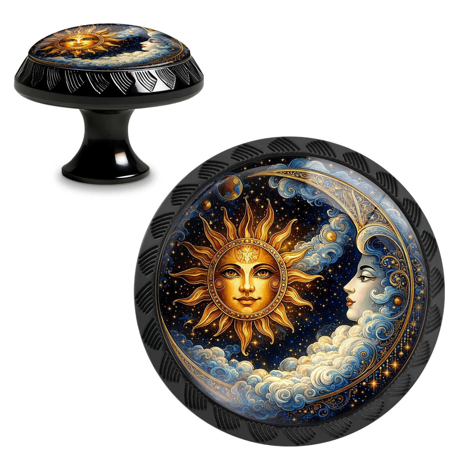 Yiruhe 4 Pack Sun and Moon Celestial Cabinet Knobs, Round Crystal Glass Drawer Pulls, Vintage Starry Sky Sun Moon Decorative Knobs for Dresser Kitchen Wardrobe Cupboard Door Handles