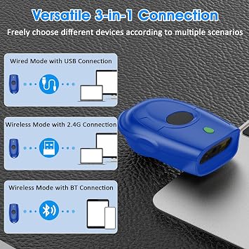 Symcode Bluetooth 2D Barcode Scanner Mini Portable QR Code Scanner 3-in-1 Bluetooth & 2.4G Wireless & USB Wired Barcode Scanner with Android,iOS,Computers,Windows