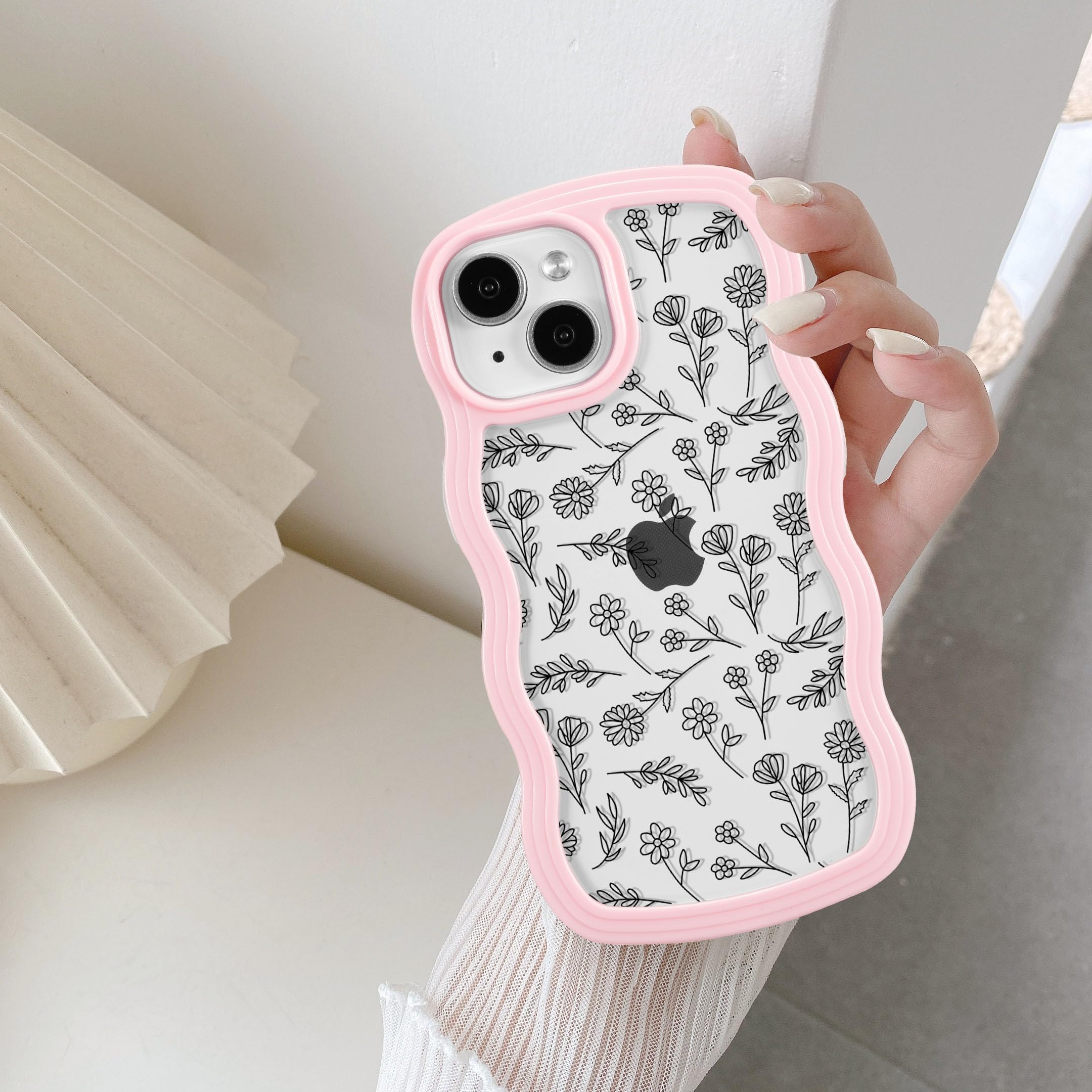 QLTYPRI Compatible with iPhone 15 Case, Cute Curly Wave Frame Clear Case for Girls Women, Flower Clear TPU Bumper Slim Soft Silicone Shockproof Protective Phone Cover for iPhone 15 - Black Floral/Pink