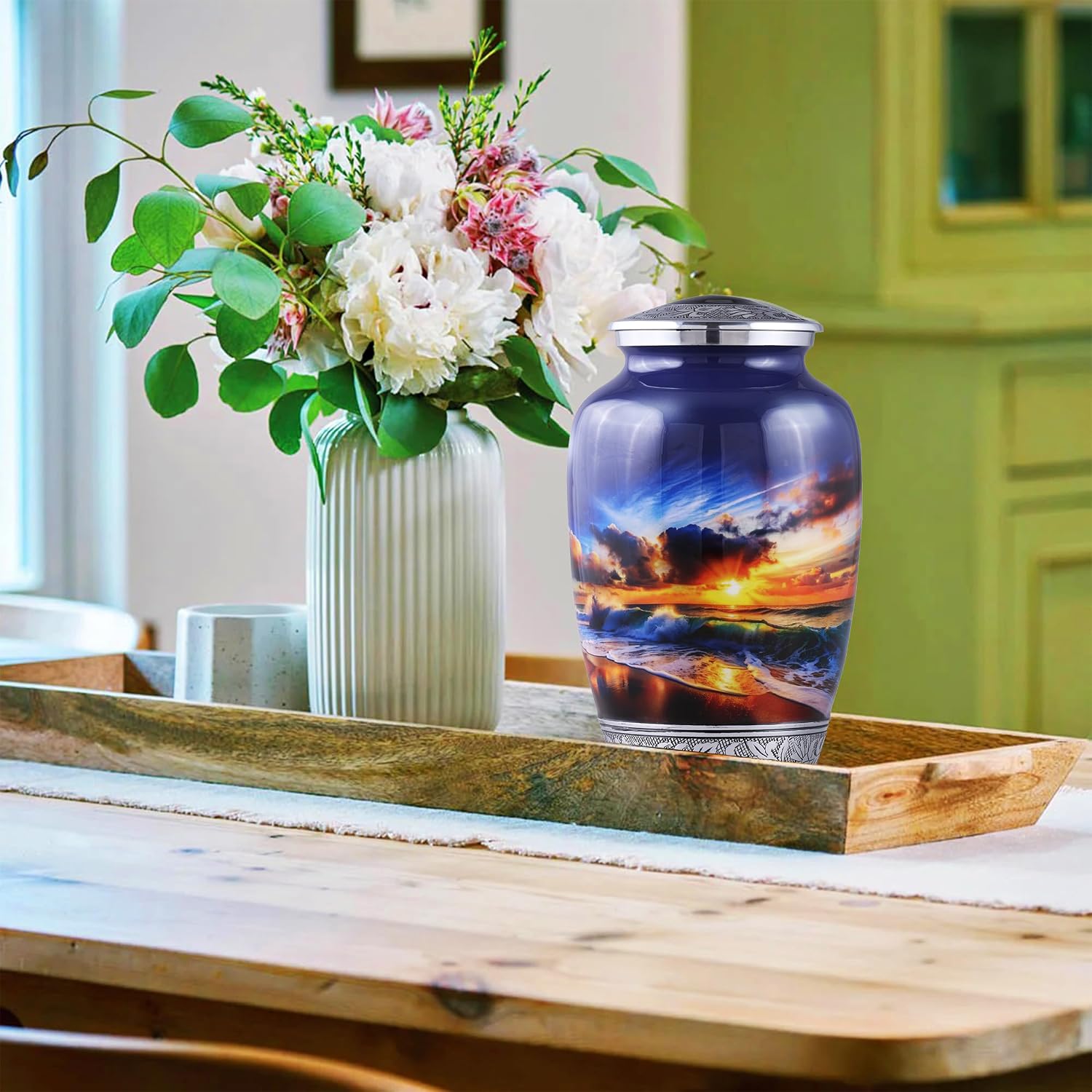 Beach Theme Cremation Urn for Human Ashes Adult – Large Funeral Urn for Men & Women (200 Cu in), Decorative Memorial Urn for Ashes, Burial Urn with Velvet Bag.
