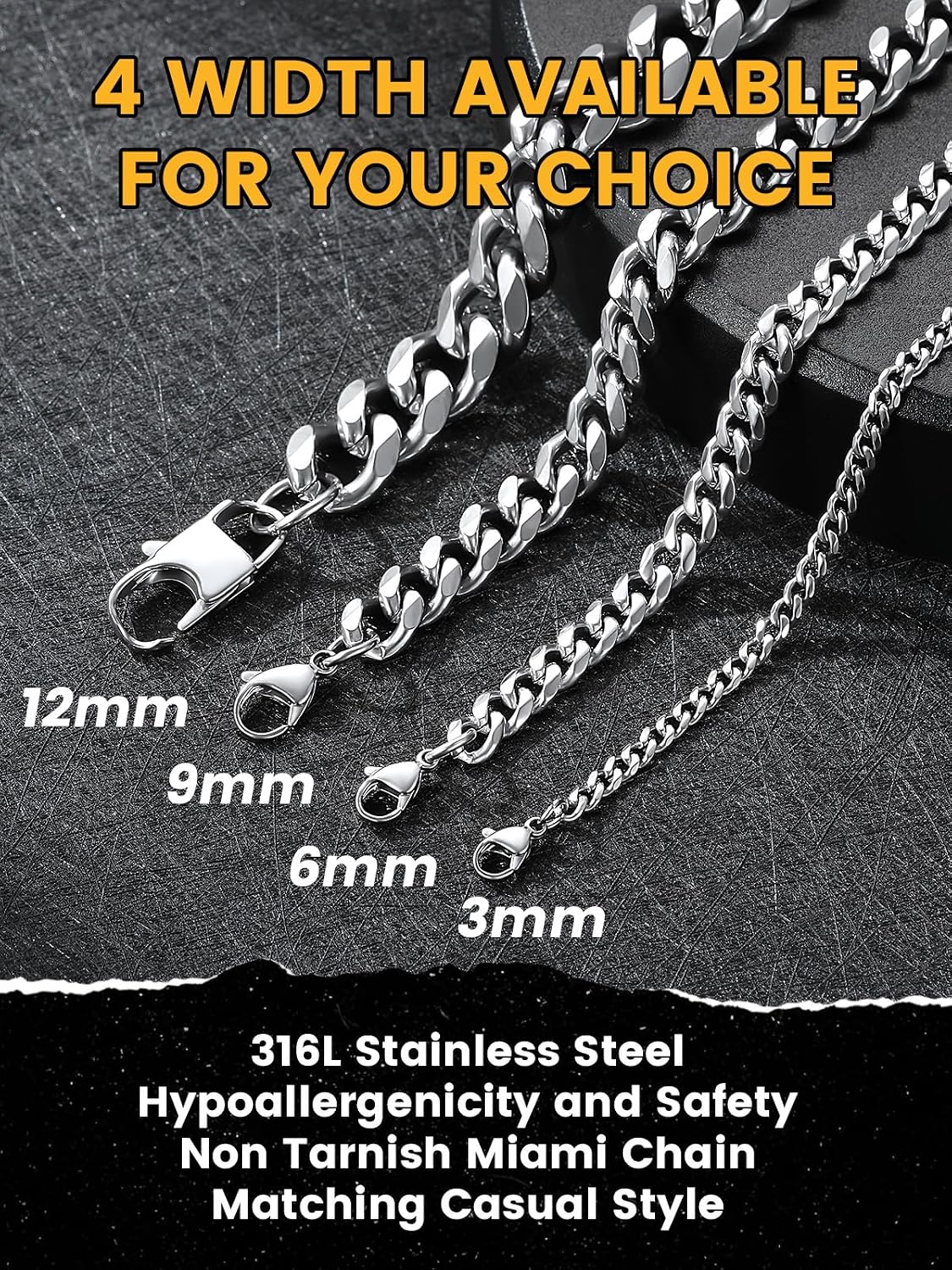 KeyStyle Chunky Cuban Chains for Men,Stainless Steel Figaro Chain Necklace, Venetian Chain Curb Chain Hip Hop Jewelry,3/4/6/9/12/14mm Width,14-30 inch Length, Black/Gold Plated/Silver