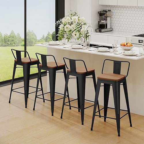 Miniatura 29 de Yongchuang - Juego de 4 taburetes de barra de metal (parte superior de madera, espalda baja) Negro -,Crema Blanco,Blanco