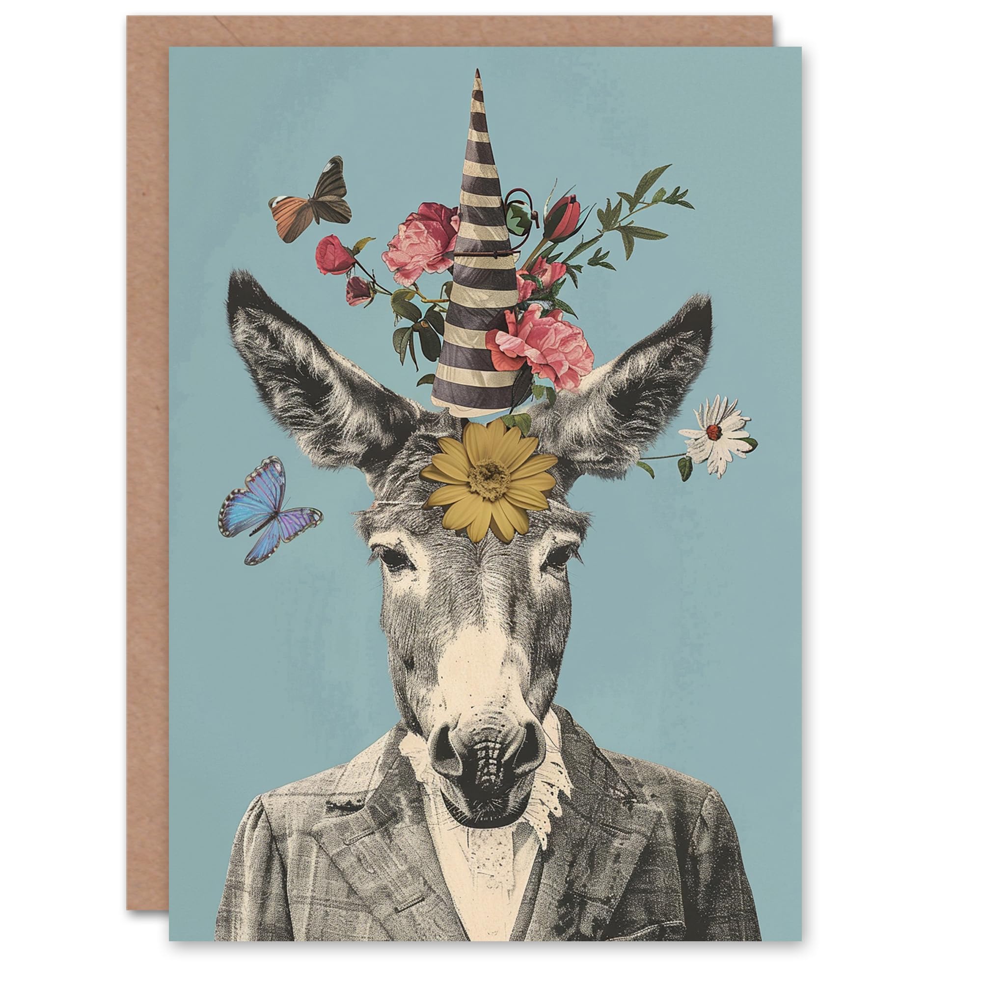 Artery8 Birthday Card - Floral Donkey Portrait - Blue