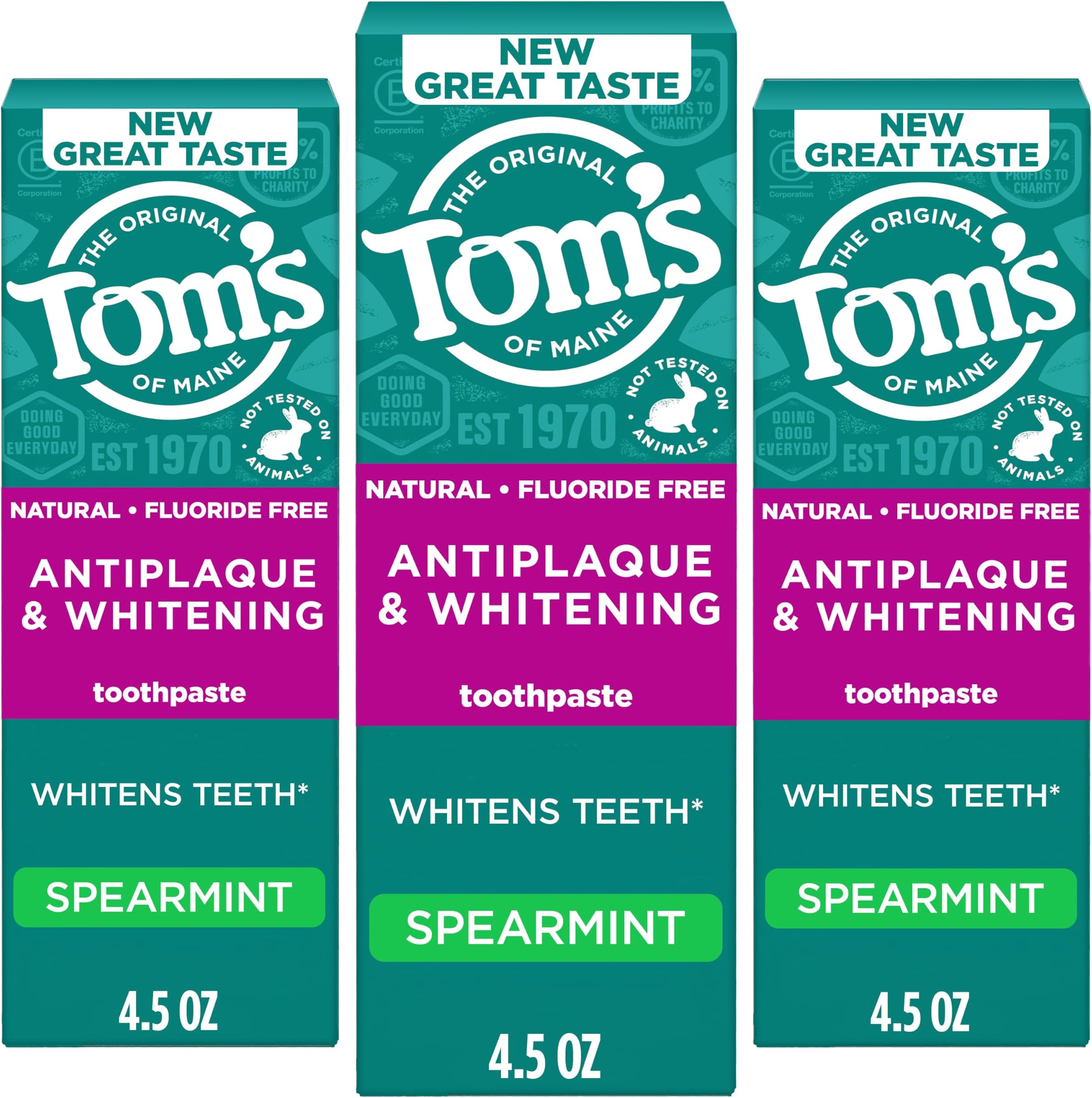 Fluoride-Free Antiplaque & Whitening Natural Toothpaste, Spearmint, 4.5 oz. 3-Pack