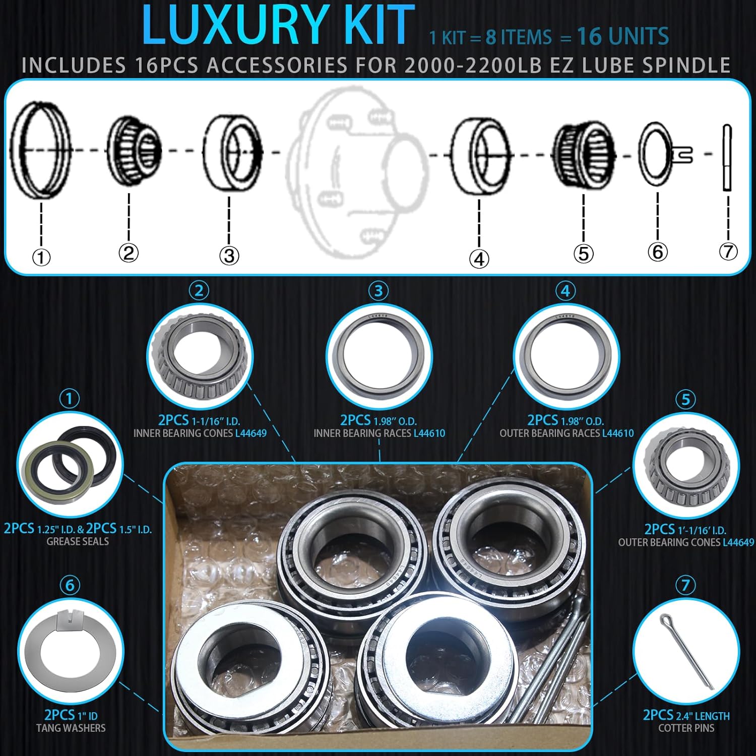 iBroPrat 4Sets L44649 / L44610 Bearing Kits, 2000-2200LB Boat Trailer Axle Bearing Kit for 1-1/16'' BTR Hub Spindle has D Shape Groove with 1.25" I.D and 1.5" I.D Grease Seal, Tang Washer Cotter Pin