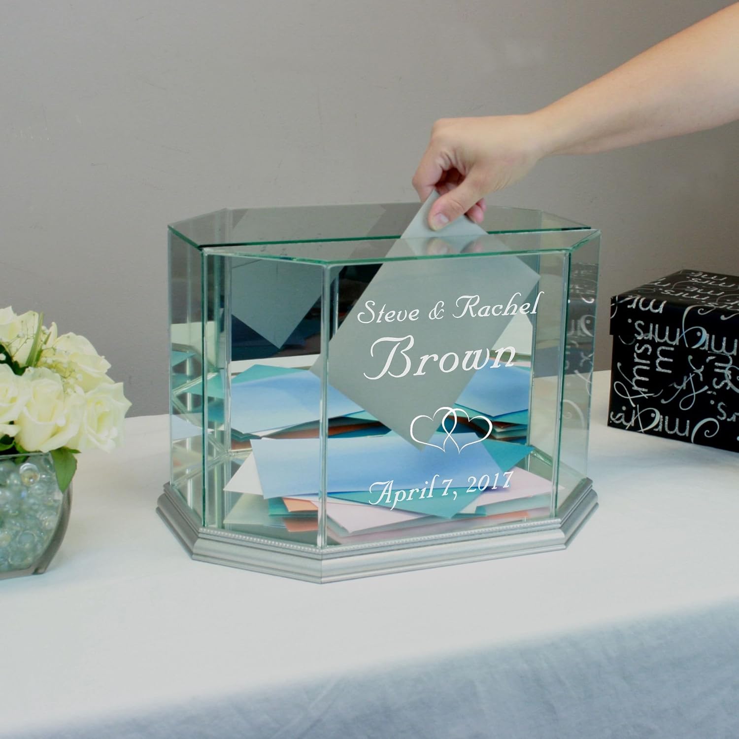 Personalized Glass Octagon Wedding Card Box Silver