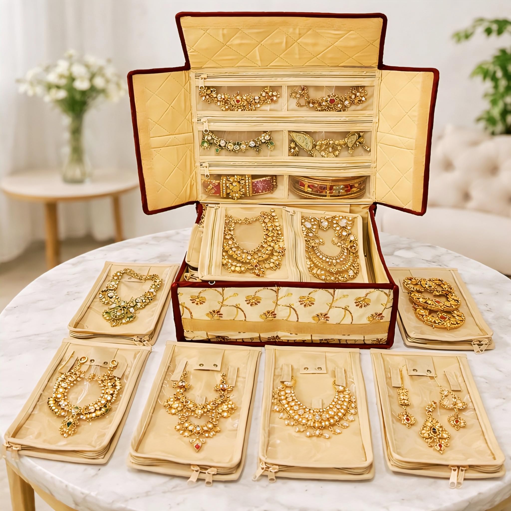 Trendifly Royal Flower Design Jewellery Organiser bag | Travel Makeup Cosmetic Jewelry Storage organizer box for Bridal women Earrings Bracelet Necklace (Brown Tikki)-image-0
