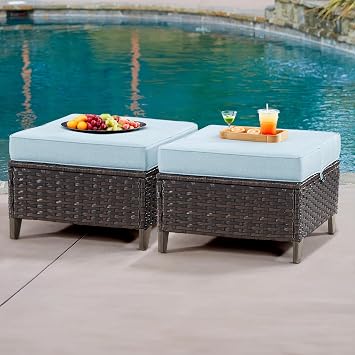 Patio Ottoman Set of 2, All Weather Outdoor Rattan Ottomans Patio Footstools with Removable Cushions for Garden Backyard PorchBrown/Azure