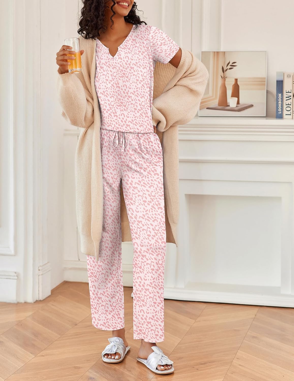 Ekouaer 2 Piece Womens Pajamas V Neck Short Sleeve Top and Long Pants Pjs Print Lounge Set Sleepwear - Image 3