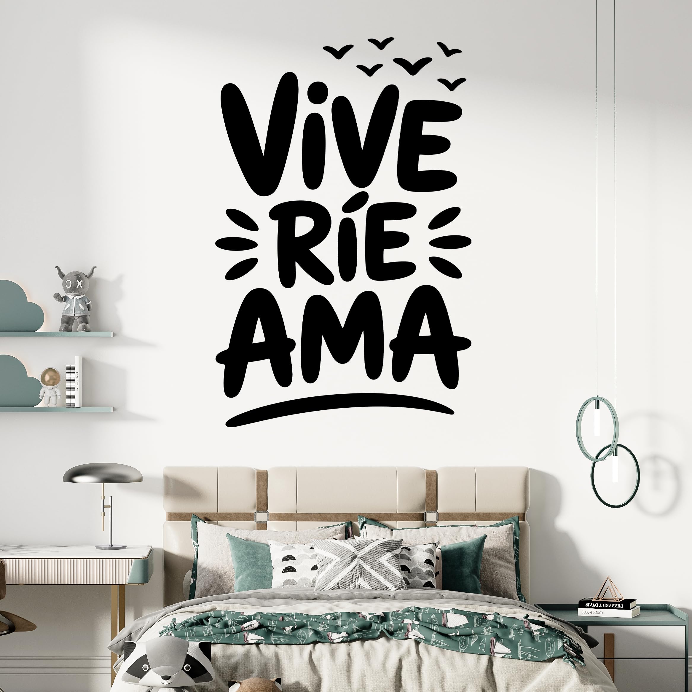 Vinilo Decorativo con Frase Positiva "Vive Ríe Ama" Pegatina Adhesiva para Decorar Hogar, Salón o Dormitorio, Adhesivo de Pared con Mensaje de Amor, Alegría y Estilo Moderno (Negro, 160 x 106 cm)