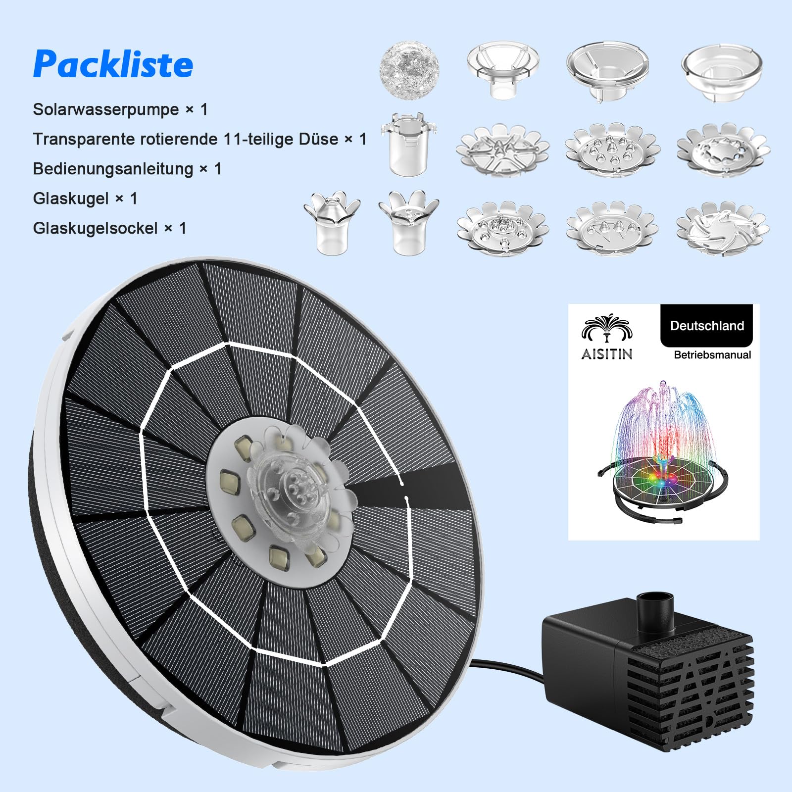 AISITIN 3,5W LED Solar Springbrunnen für Außen nur Nachts mit 3000mAh Akku