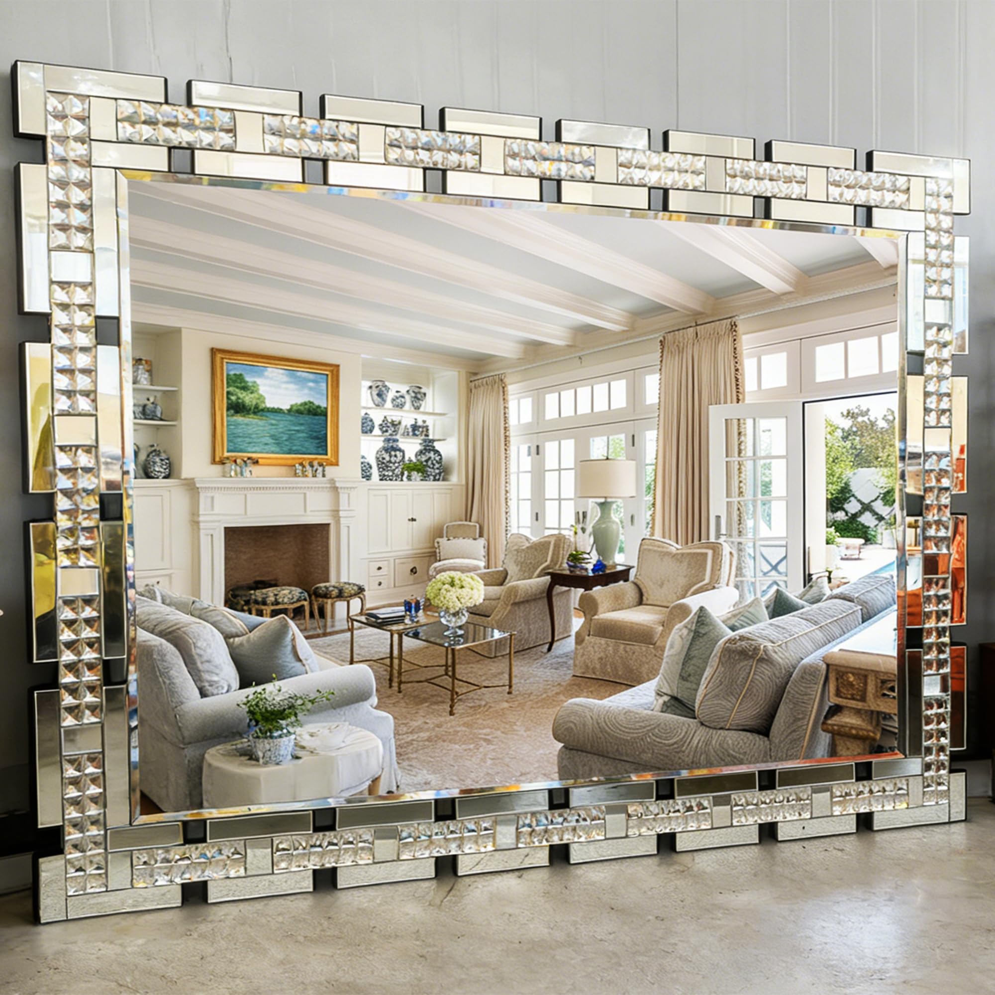 Chende 32" x 47" Crystal Large Wall Mirror Decor, Rectangular Large Living Room Mirror with Beveled Edge and Glass Frame, Entrance, Fireplace, Home Office, Horizontal/Vertical Hanging