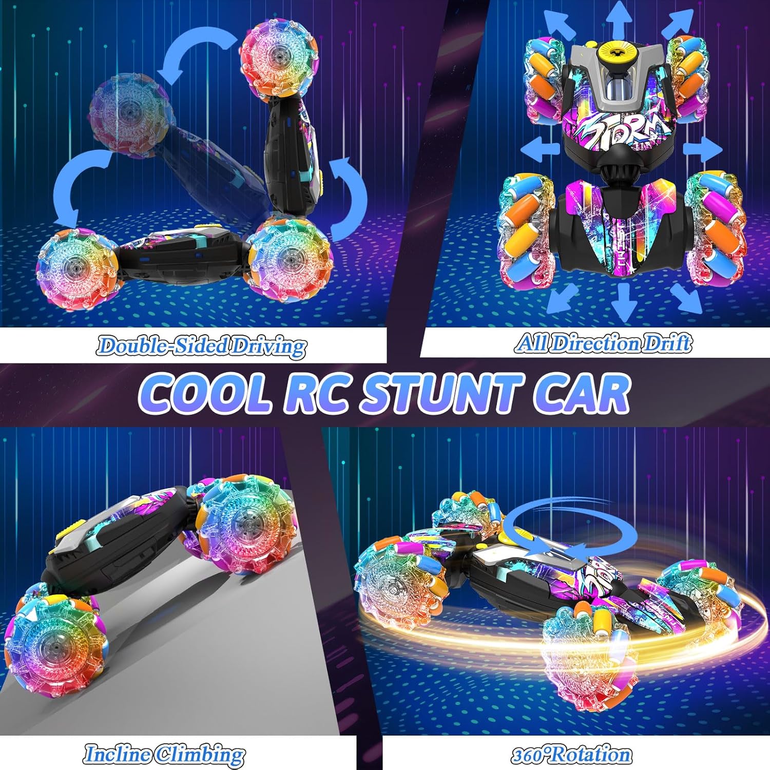 Gesture Sensing RC Stunt Car, 2.4G Remote Control Car Toys for Boys Ages 4-7 8-12, 4WD RC Drift Cars with Lights Music Spray, 360° Spins All Terrains Toys Birthday Gifts for 6-12 Year Old Kids
