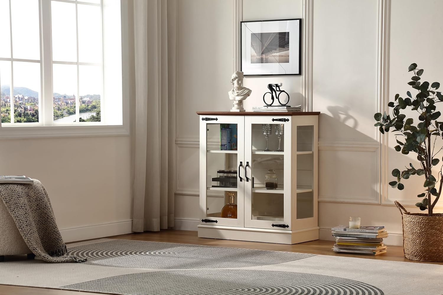 FOREST GRAVITY 31.5'' Small Display Buffet Cabinet with Glass Doors for Great Showcase,Small Coffee bar Cabinet with one Adjustable Shelf and one Fixed Shelf,Modern Sideboard Buffet,Antique White
