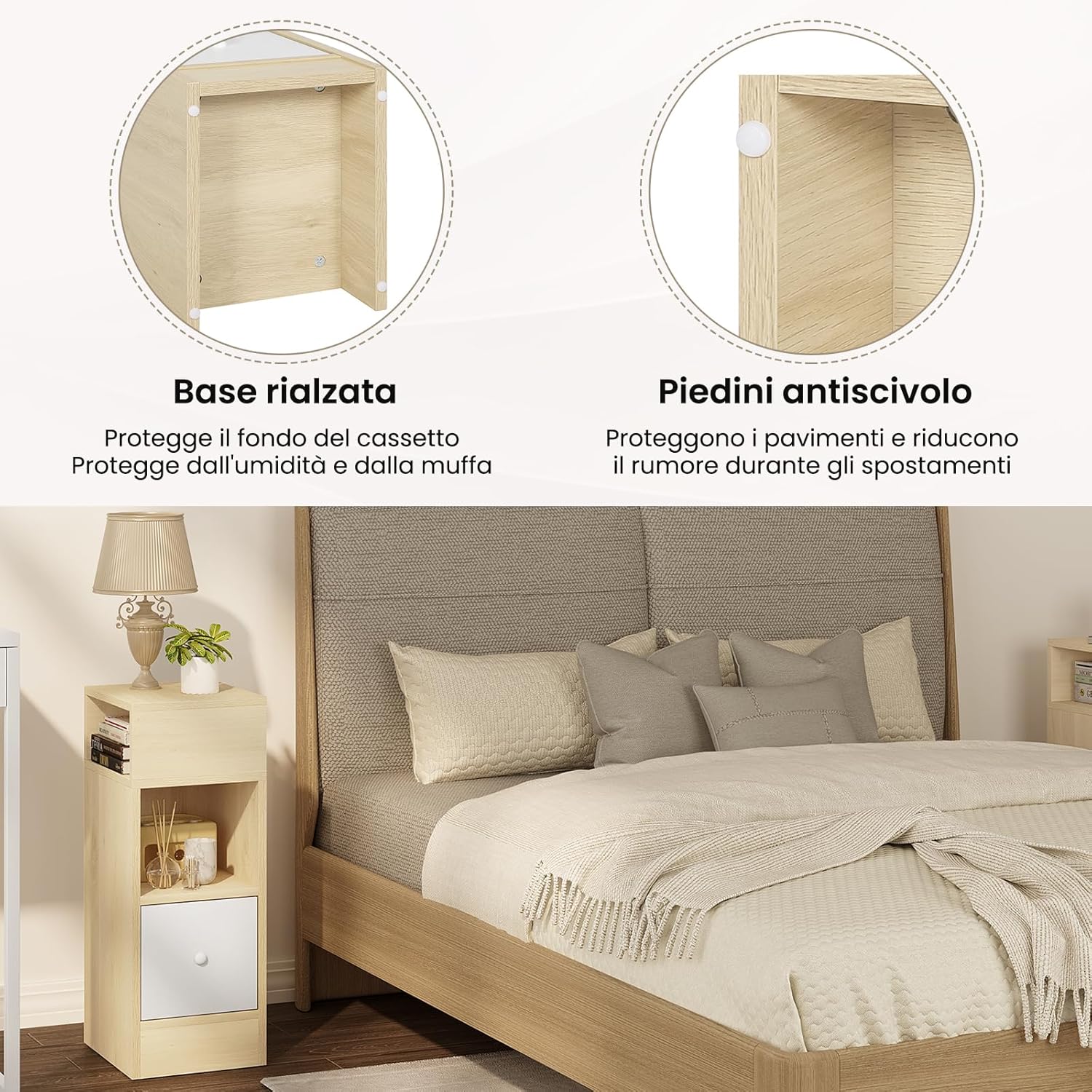 Close-up images showing the raised base of the nightstand for moisture protection and the anti-slip feet.