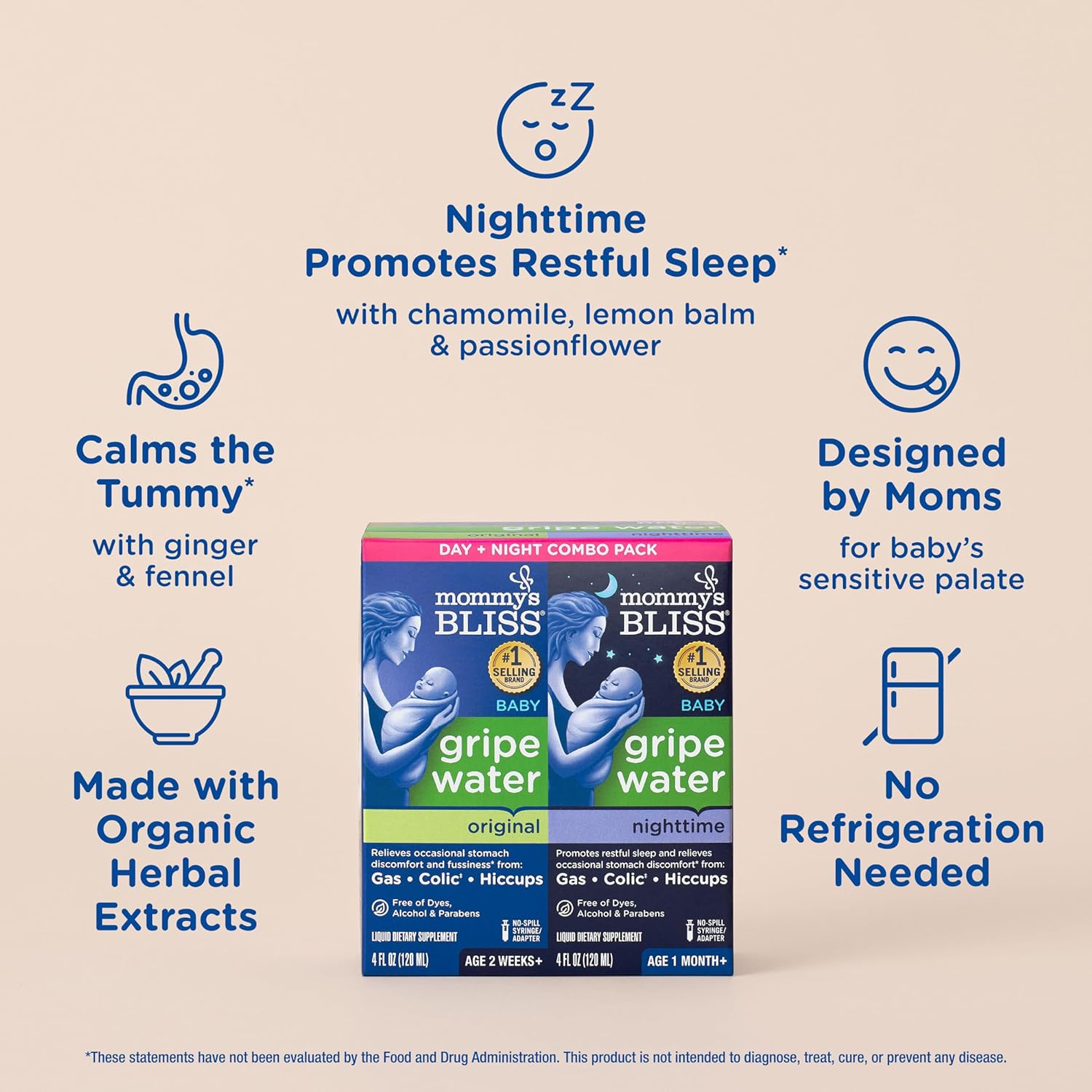 Mommy's Bliss Gripe Water Day & Night Combo, Infant Gas & Colic**, Gripe Water for Babies, Gentle & Safe, 1 Month+, 4 Fl Oz (Pack of 2)