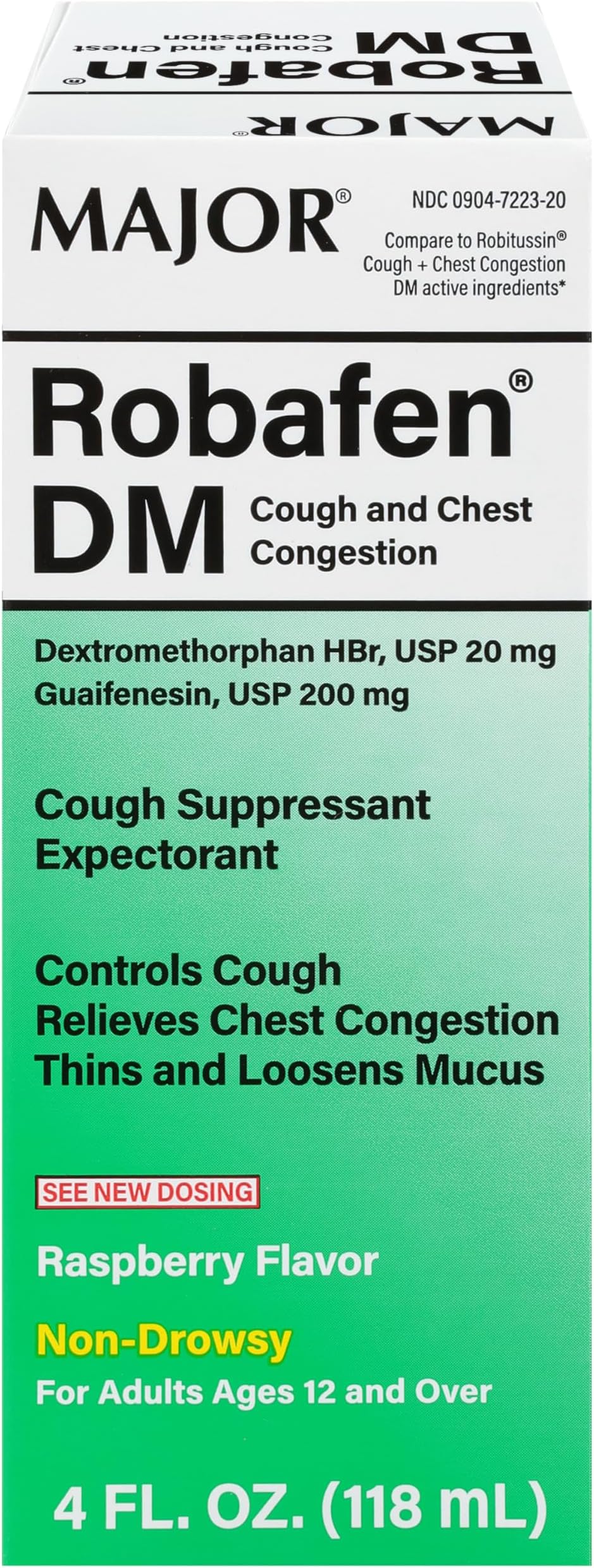MAJOR Robafen DM Liquid - Helps Support Cough and Chest Congestion Relief - Dextromethorphan HBr 20mg - Guaifenesin 200mg - Cough Suppressant Expectorant - Non-Drowsy - Raspberry Flavor - 4 Fl Oz