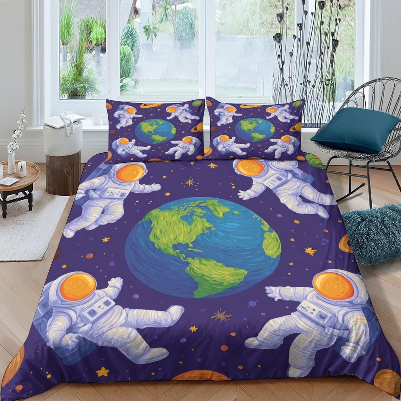 Ctjqhvkz Style-2 3D Printed Astronaut Earth Fitted Sheet Microfiber Soft Breathable Space Galaxy Bed Cover Bedroom Dorm Mattress Protection Decor Single（135X200cm）
