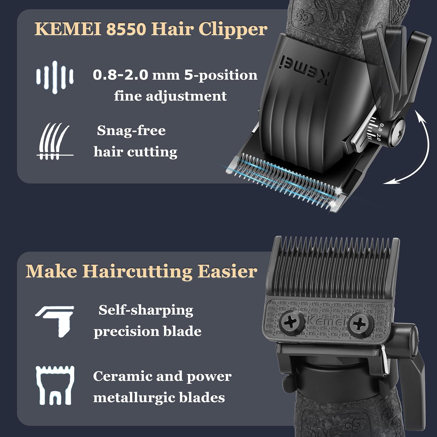 KEMEI 8550 Professional Hair Clippers for Men, Cordless Barber Clippers with LED Display, 9000 RPM Hair Trimmer with Ceramic & Powder Metallurgic Blades, 2500 mAh Hair Clipper for Barbers Haircut Kit - Image 2