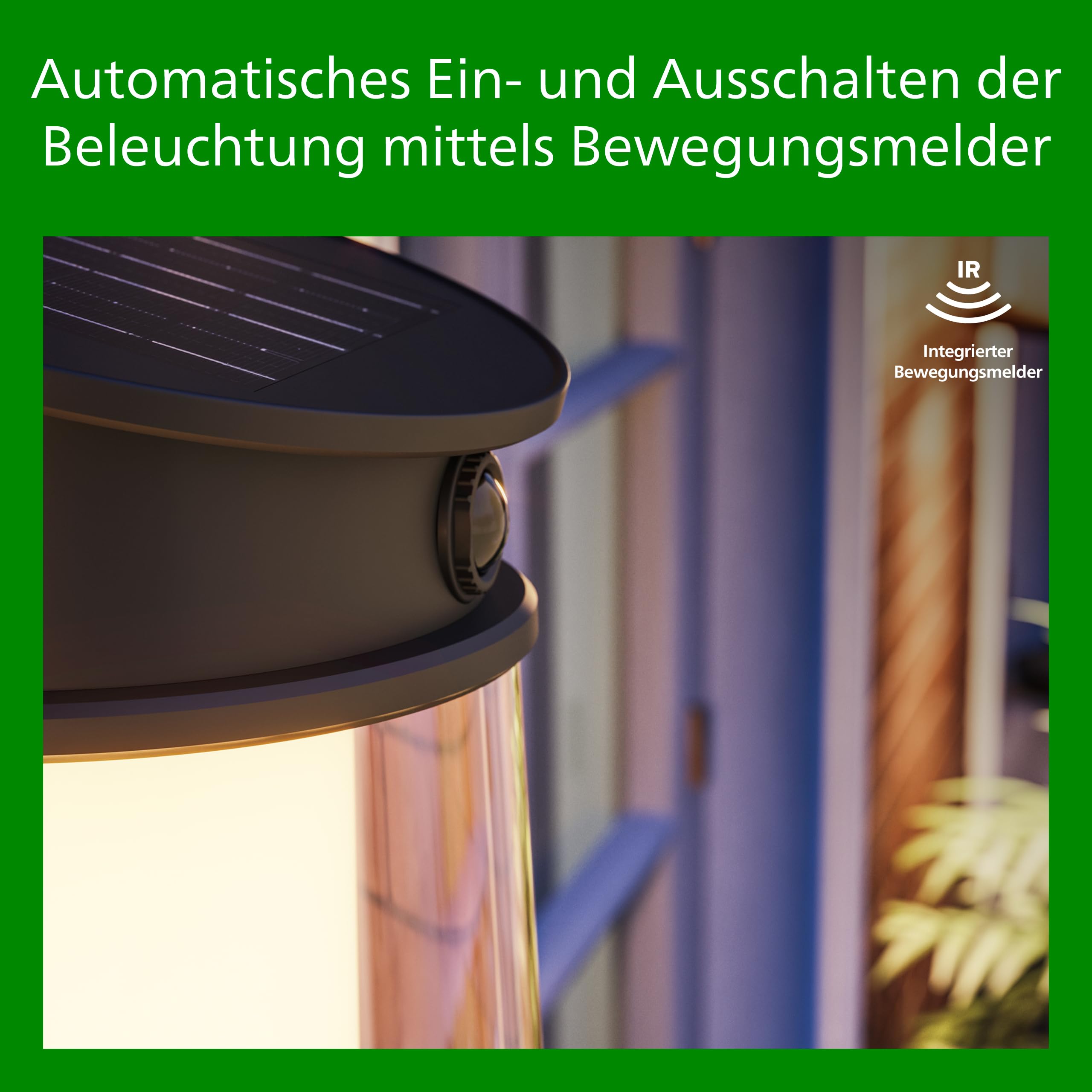 PHILIPS Juda UltraEffiziente Solar-Wandleuchte für den Außenbereich, austauschbare Solarlampe, Bewegungssensor, 2700K warmweißes Licht, Schwarz