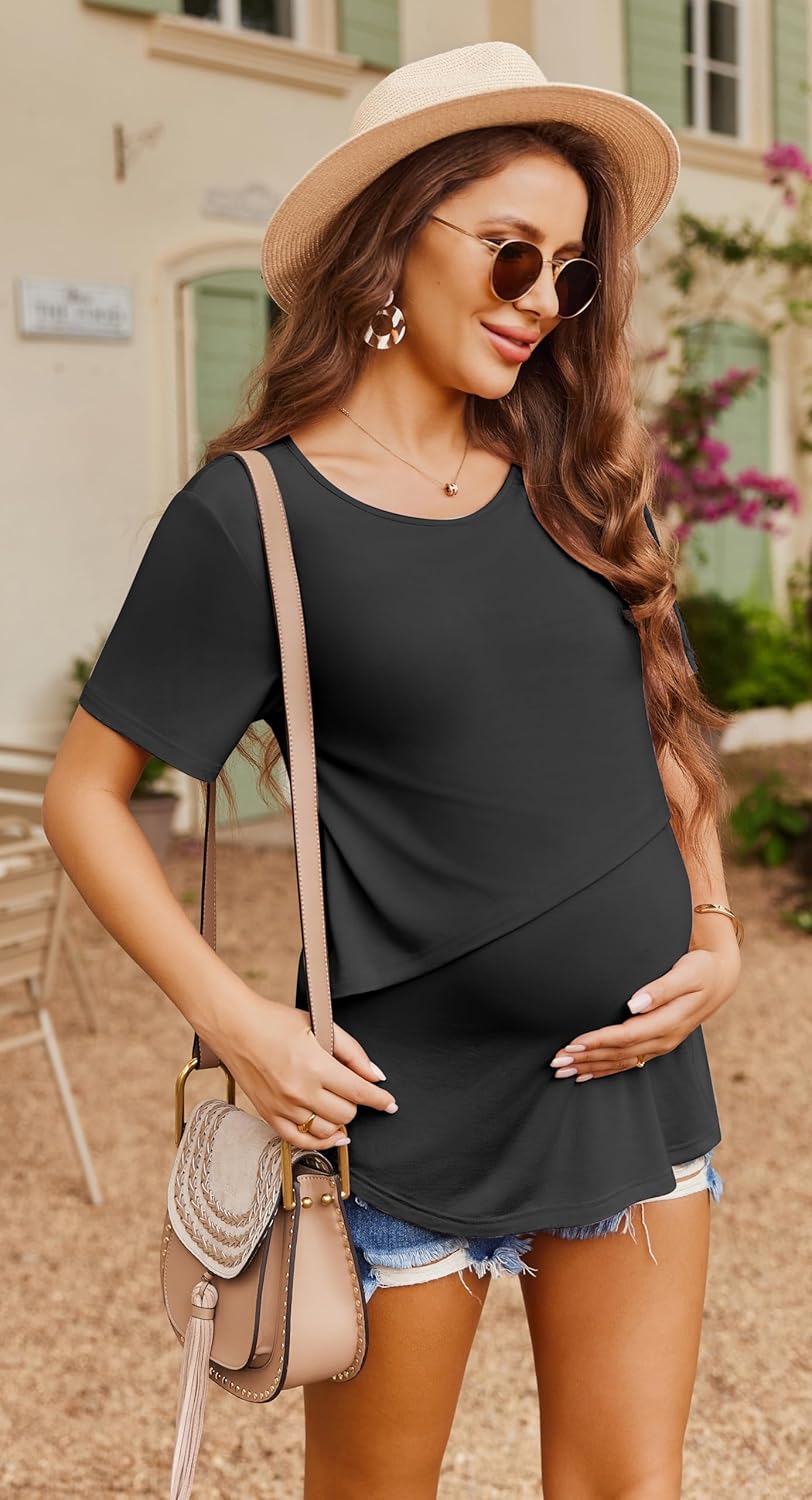 Ekouaer Women Short Sleeve Nursing Shirts Soft Maternity Tops Double Layer Breastfeeding Blouse Round Neck Pregnancy Clothes - Image 3
