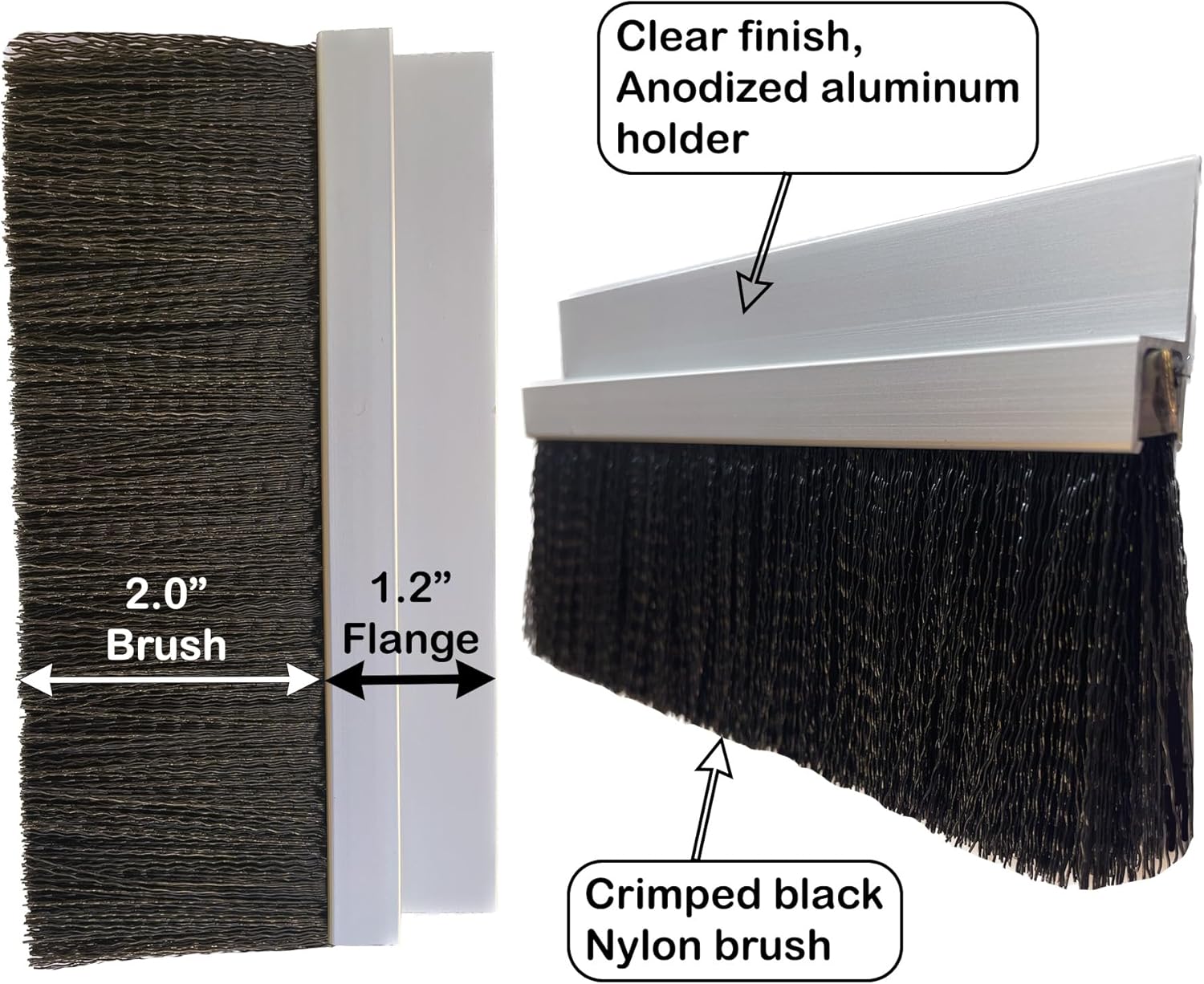 JaCor Heavy-Duty 2 in. Nylon Brush Seal Weatherproofing, 2.0 in. Brush Seal x 1.2 in. Straight Holder x 8 ft Long