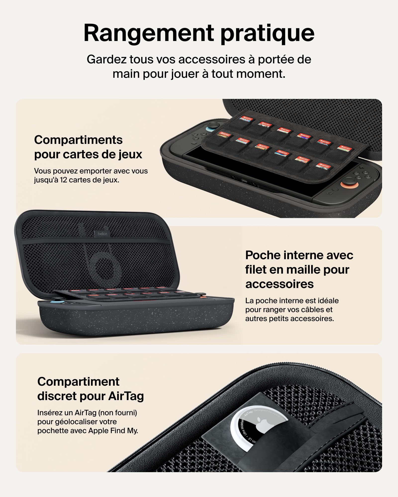 Belkin Gaming Pochette de rangement avec batterie externe 10 000 mAh pour Nintendo Switch 2 (écran LCD, recharge rapide de 20 W pour Nintendo Switch, compartiments pour AirTag et cartes de jeux, gris)