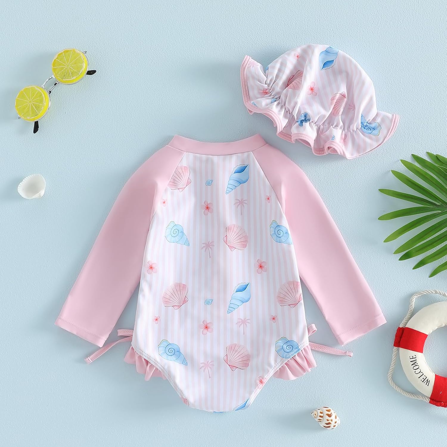 Toddler Baby Girl One Piece Swimsuit with Sun Hat Rash Guard Zipper Ruffle Bathing Suit Infant Swimwear 2PCS