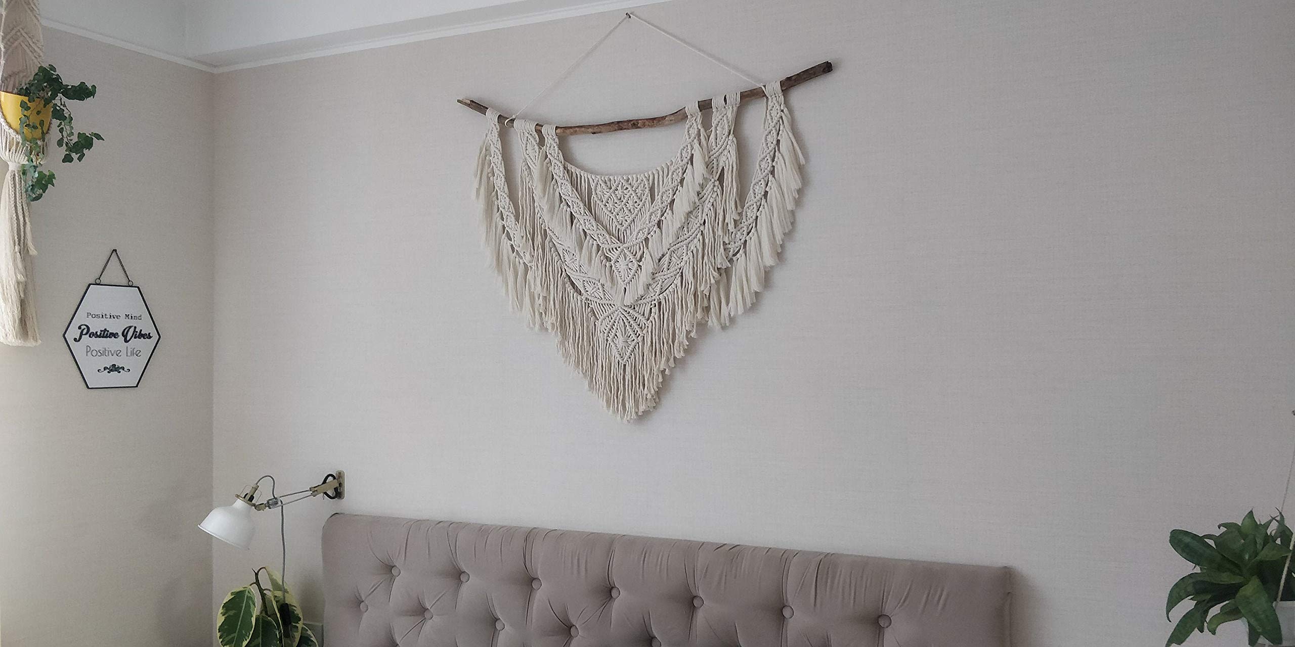 CBXSF Tapiz de macramé beige grande para colgar, madera flotante natural, decoración bohemia sobre cabecero, 36x32 pulgadas