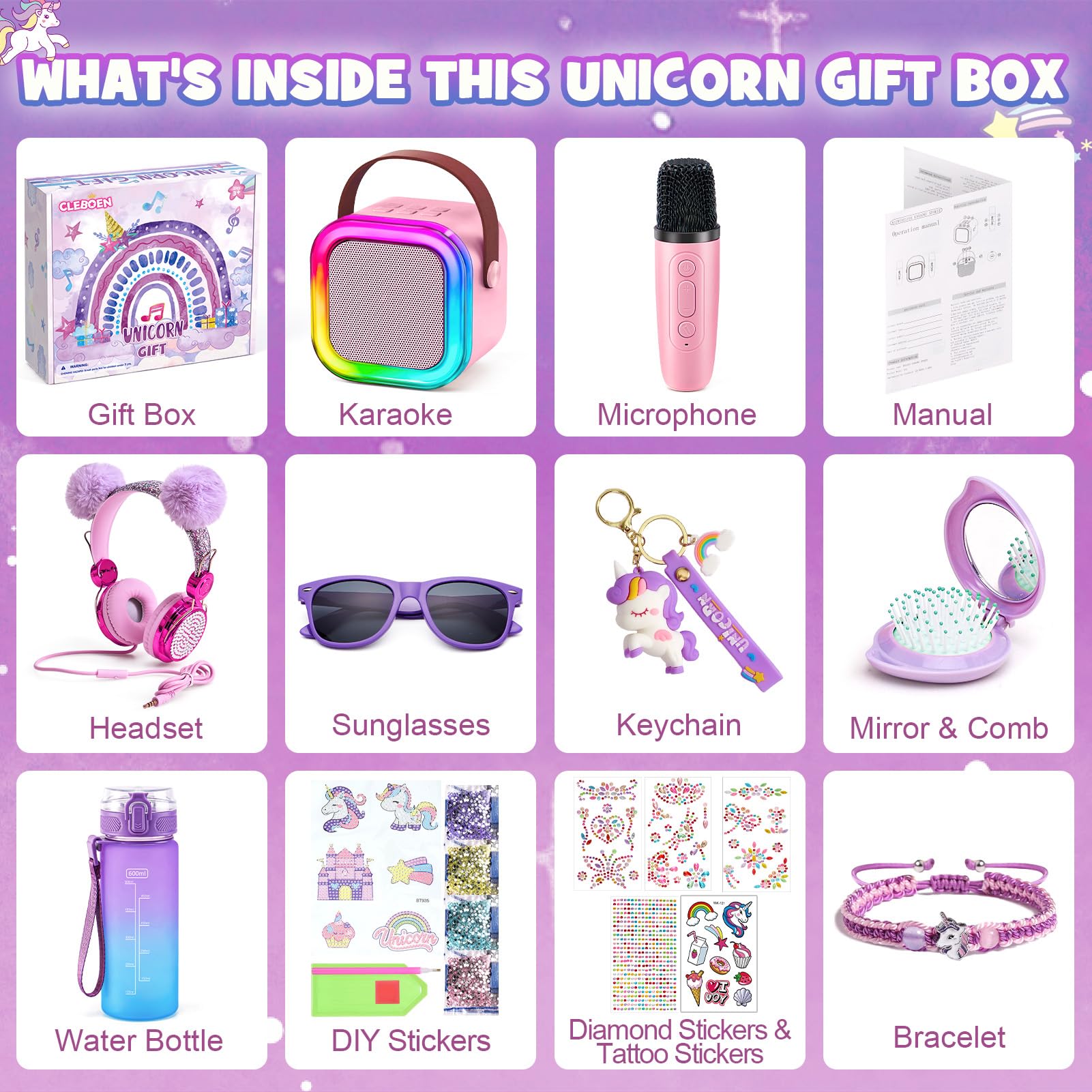 Regalo de unicornio para niñas, juguetes con karaoke/micrófono/auriculares/botella de agua DIY/llavero/pulsera/peine, regalos de cumpleaños para niñas de 3, 4, 5, 6, 7, 8, 9, 10 años de edad 2