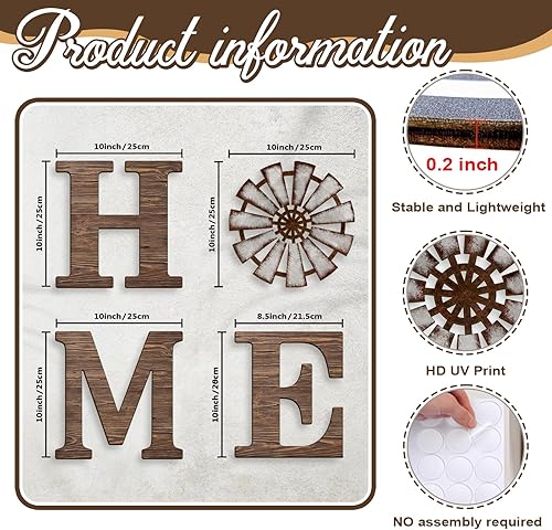 Miniatura 2 de VGICH Decoración de pared para el hogar, letreros rústicos con molino de viento de madera para sala de estar, juego de 4 letras decorativas de