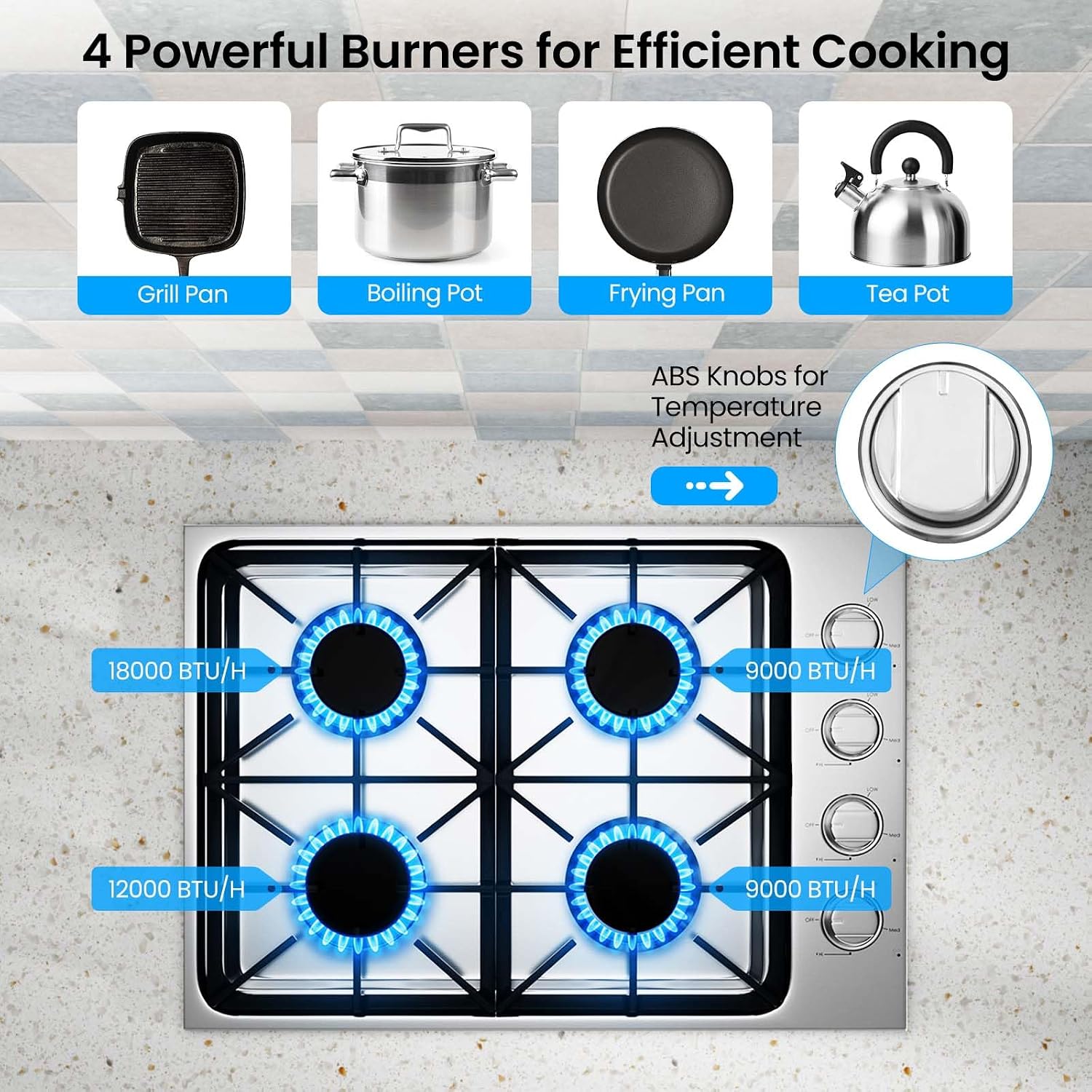 30-Inch Gas Cooktop, SIMOE Gas Stove Top Bulit-in with 4 Burner, Stainless Steel, NG/LPG Convertible Gas Hob with Cast Iron Grill/Griddle, 120V, Gas Range Top for Kitchen