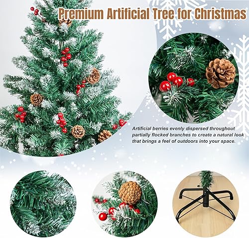 Miniatura 2 de SPORTYOUTH Árbol de Navidad artificial de 5 pies, árbol de Navidad falso flocado de nieve de alta calidad con conos de pino, soporte de metal de