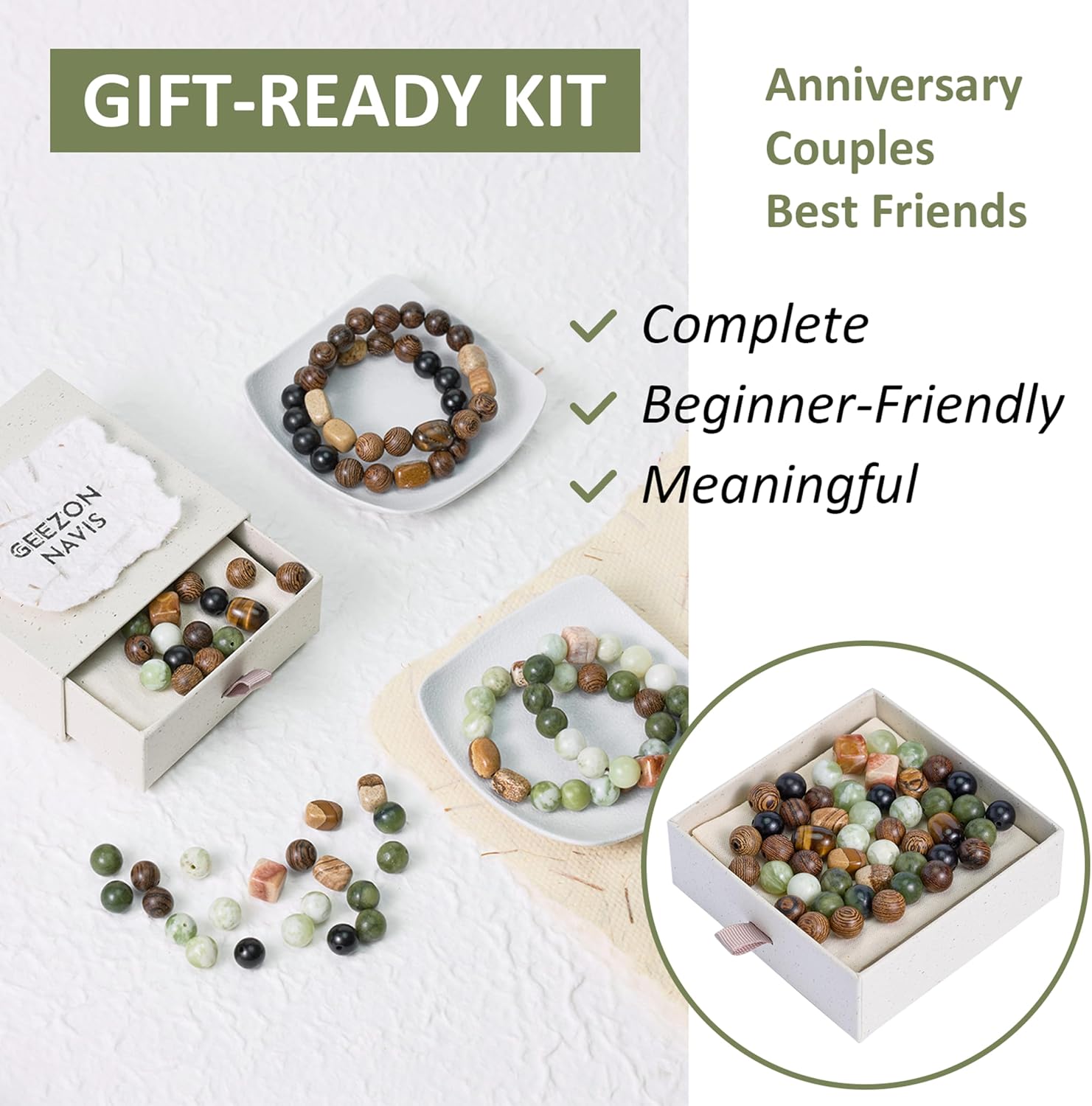 Geezon Navis Bracelet Making Kit - 10mm Natural Stone Beads with Wooden Beads - 48pcs Multicolor - DIY Jewelry Making Starter Kit Adult Men Women Birthday Mothers Day Gift Craft (48, Color A)