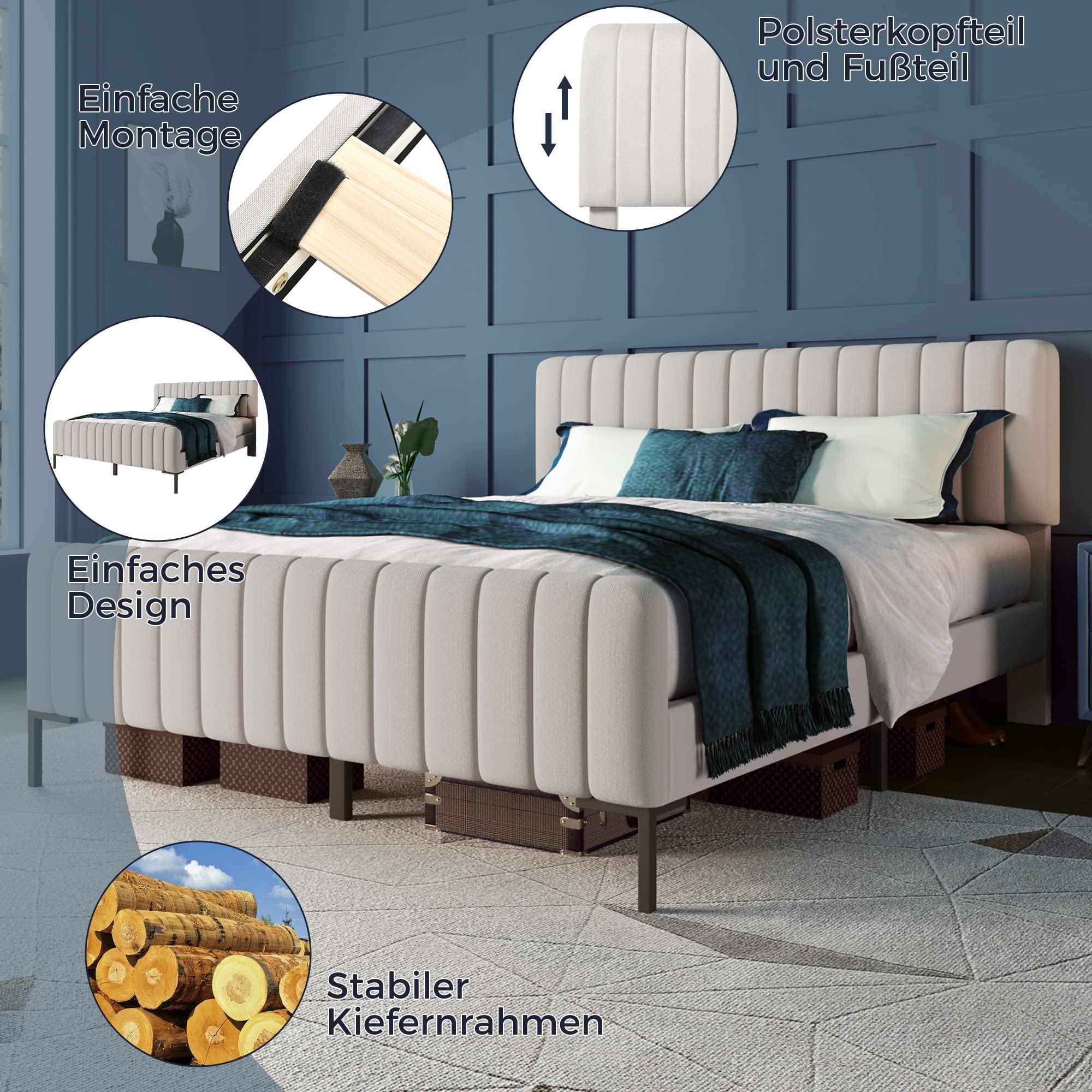 Kayan Polsterbett Doppelbett 180 x 200 cm, Bettgestell mit Lattenrost und Verstellbares Kopfteil, Lattenrost aus Holz, Leinen, Gepolstertes Bett in Beige&Grau (180 x 200 cm)
