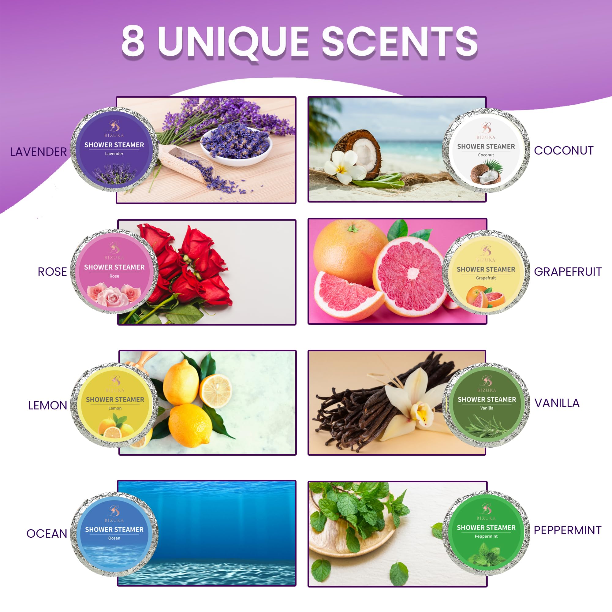 BIZUKA Aromatherapy Shower Steamers - 8 Scents with Essential Oils (Lavender, Mint, Coconut, Grapefruit, Rose, Ocean) for Stress Relief & Relaxation - 8 Tablets