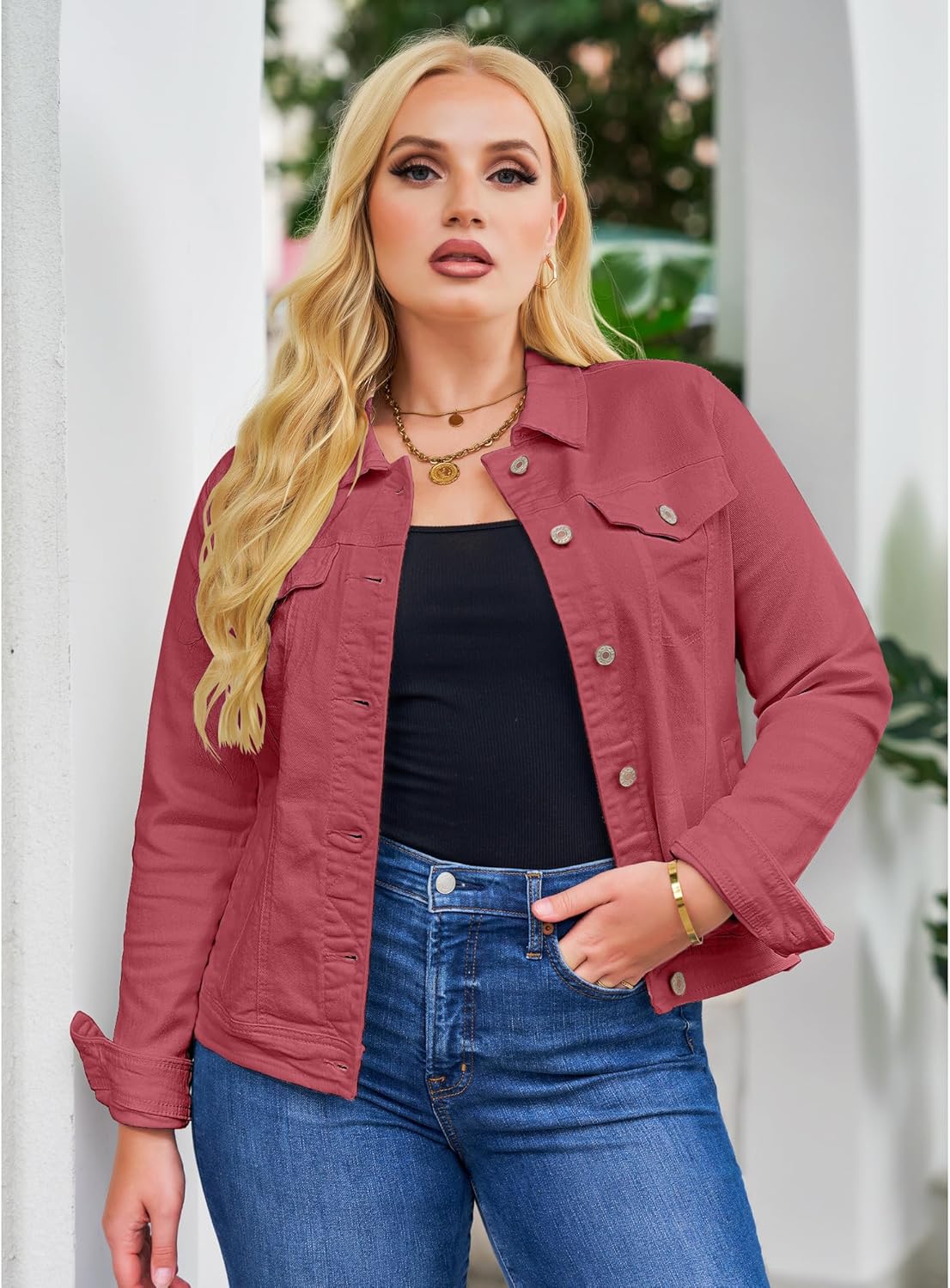 GRAPENT Women's Basic Button Down Long Sleeve Stretchy Jean Trucker Denim Jacket - Image 3