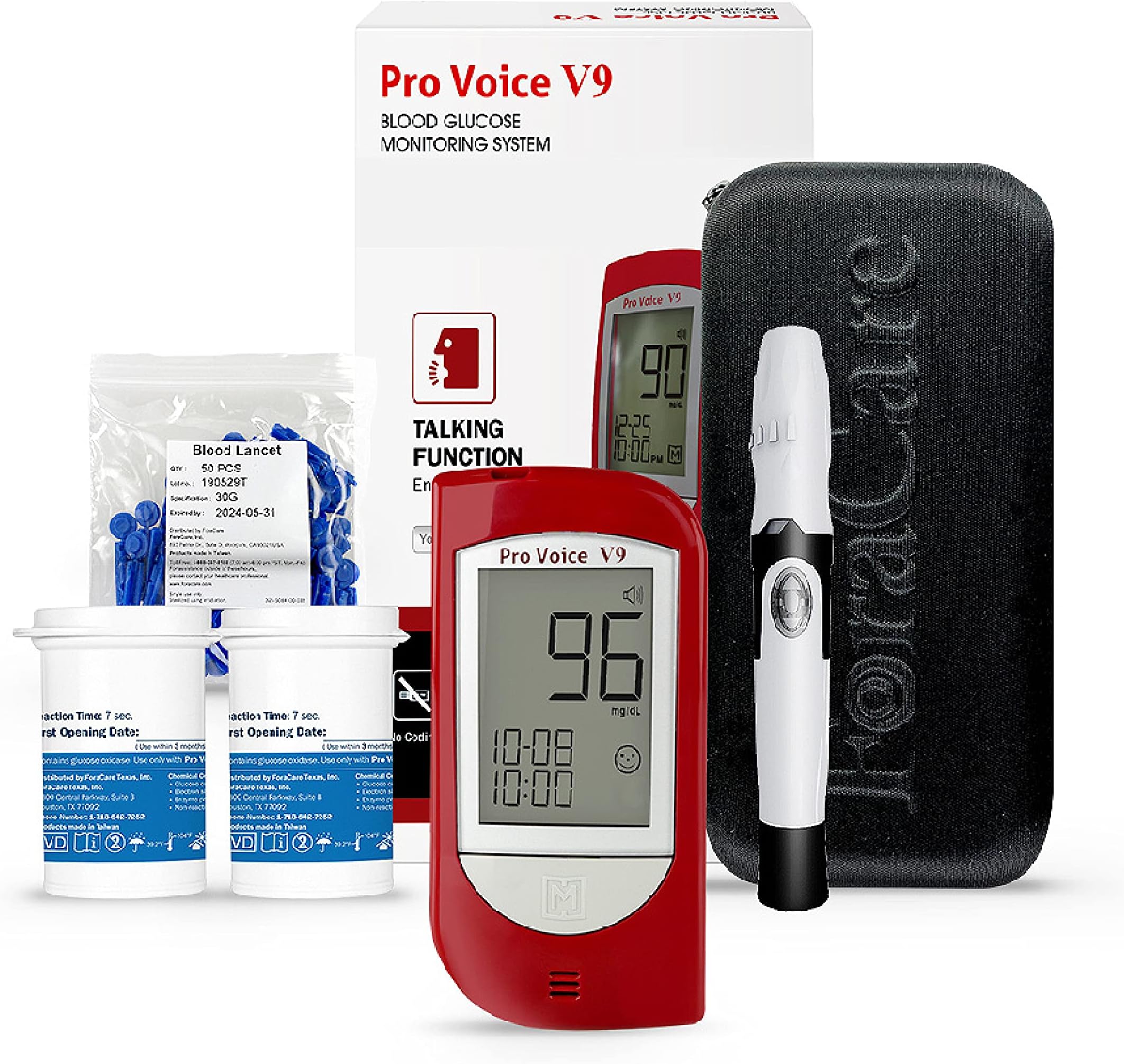 FORA Pro Voice V9 Diabetes Testing Kit for Accurate and Easy Monitoring Your Blood Glucose with Talking Glucometer, 1 Meter, 100 Test Strips, 100 Lancets, 1 Painless Design Lancing Device, Carry Case