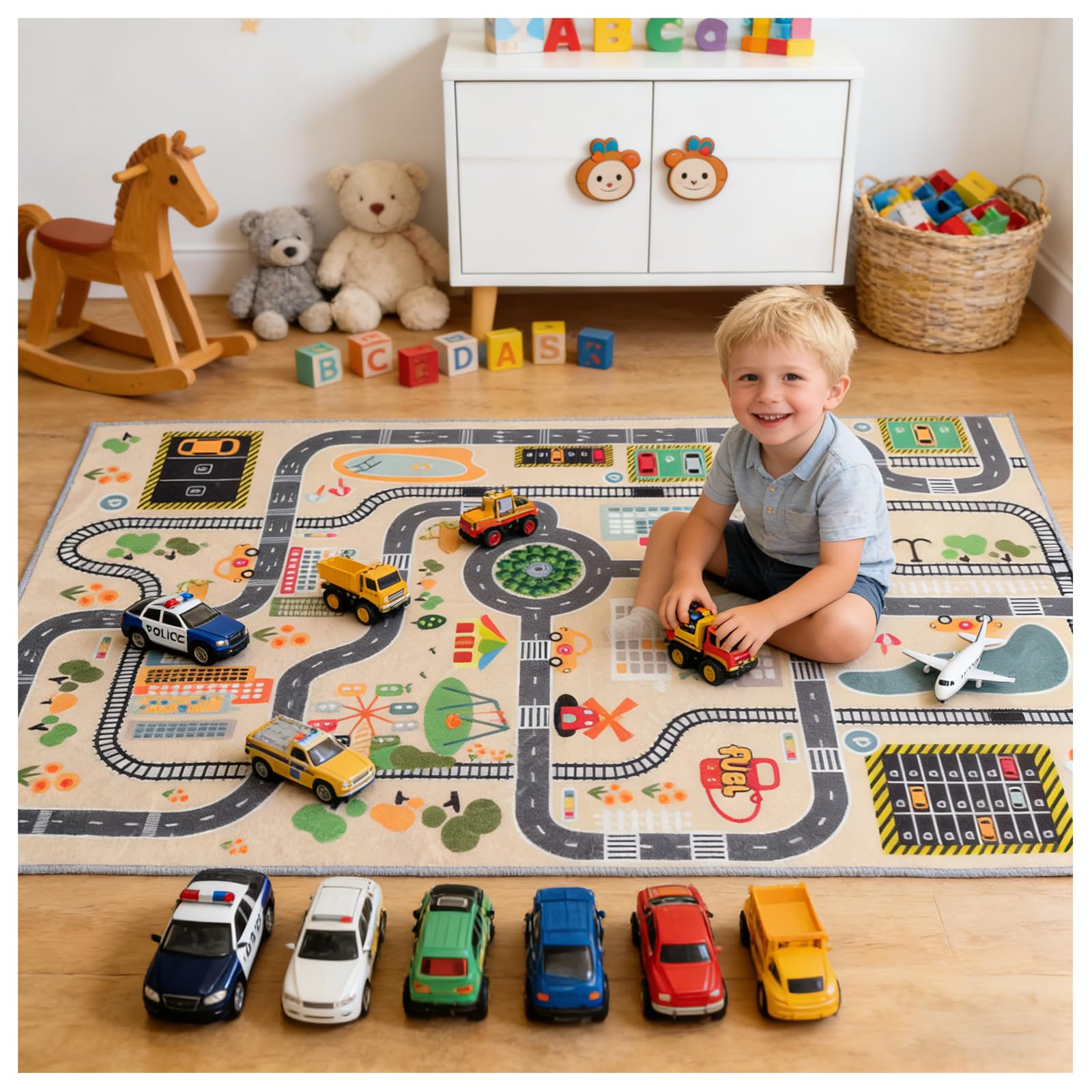 Kinderspielmatte Stadtstraßen-Teppich, Rutschfester Stadtplan, weicher Premium-Filz, strapazierfähiger und schmutzabweisender Florteppich für Kleinkinder, Indoor-Spielzimmer, Kinderzimmer