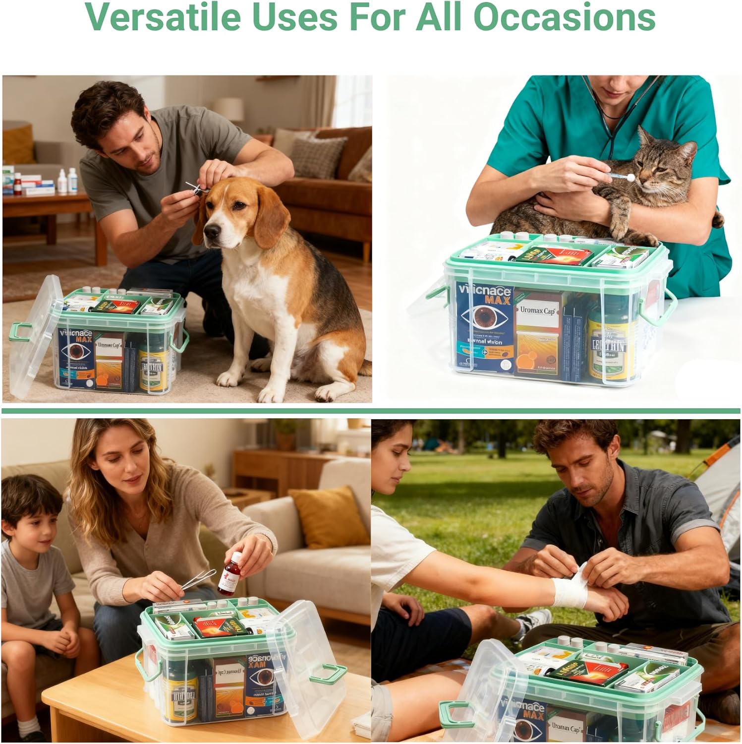UNITED FLAMES 2-Pack Clear Medicine Storage Box, First Aid Box Empty with Locking Lid & Handle, Medicine Organizer Box with Removable Tray for Home & Pet Care